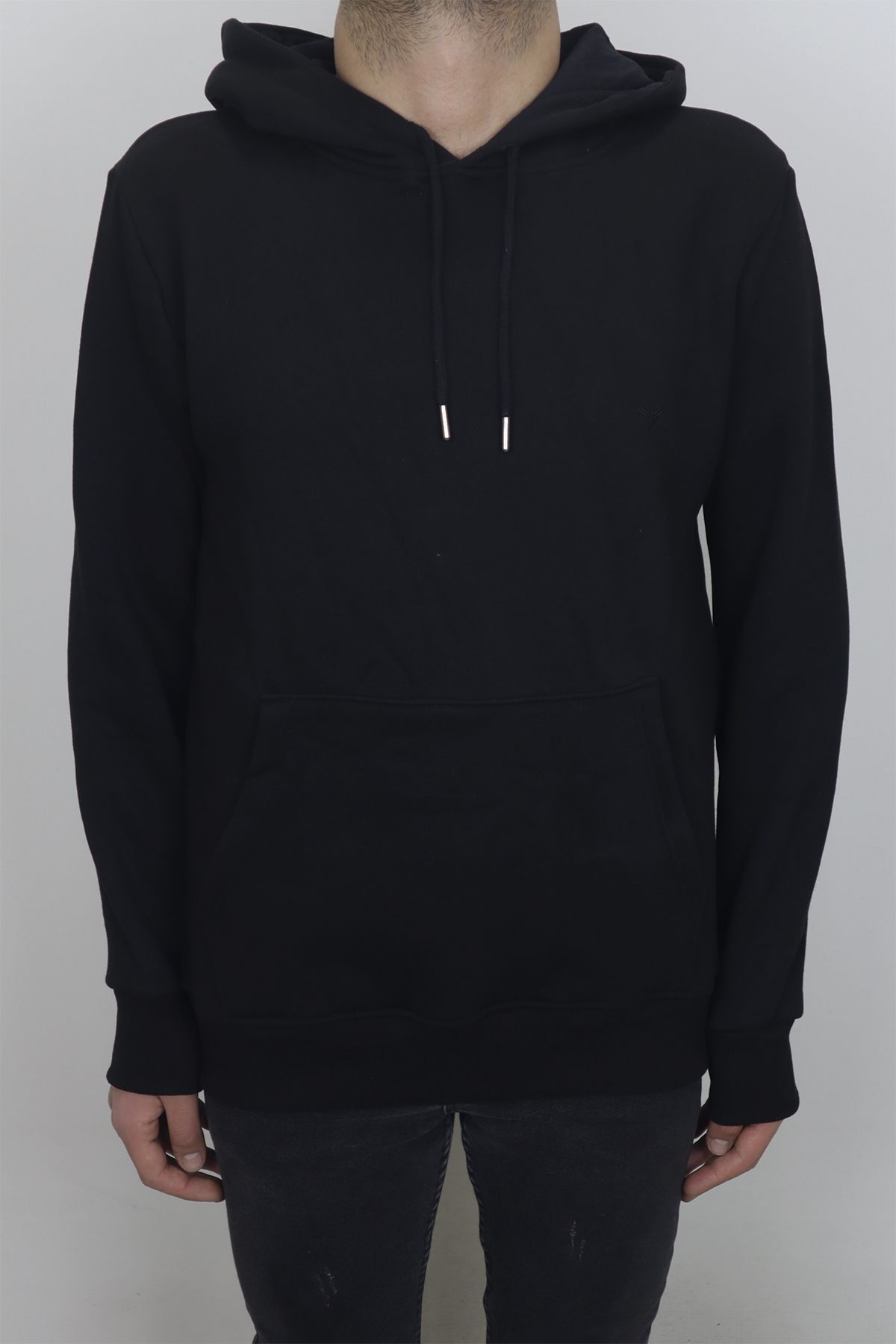 Maccali Fistan Store Erkek Siyah Spor Kesim Rahat Kalıp Şardonlu ve Kapüşonlu 3 İplik Kışlık Sweatshirt