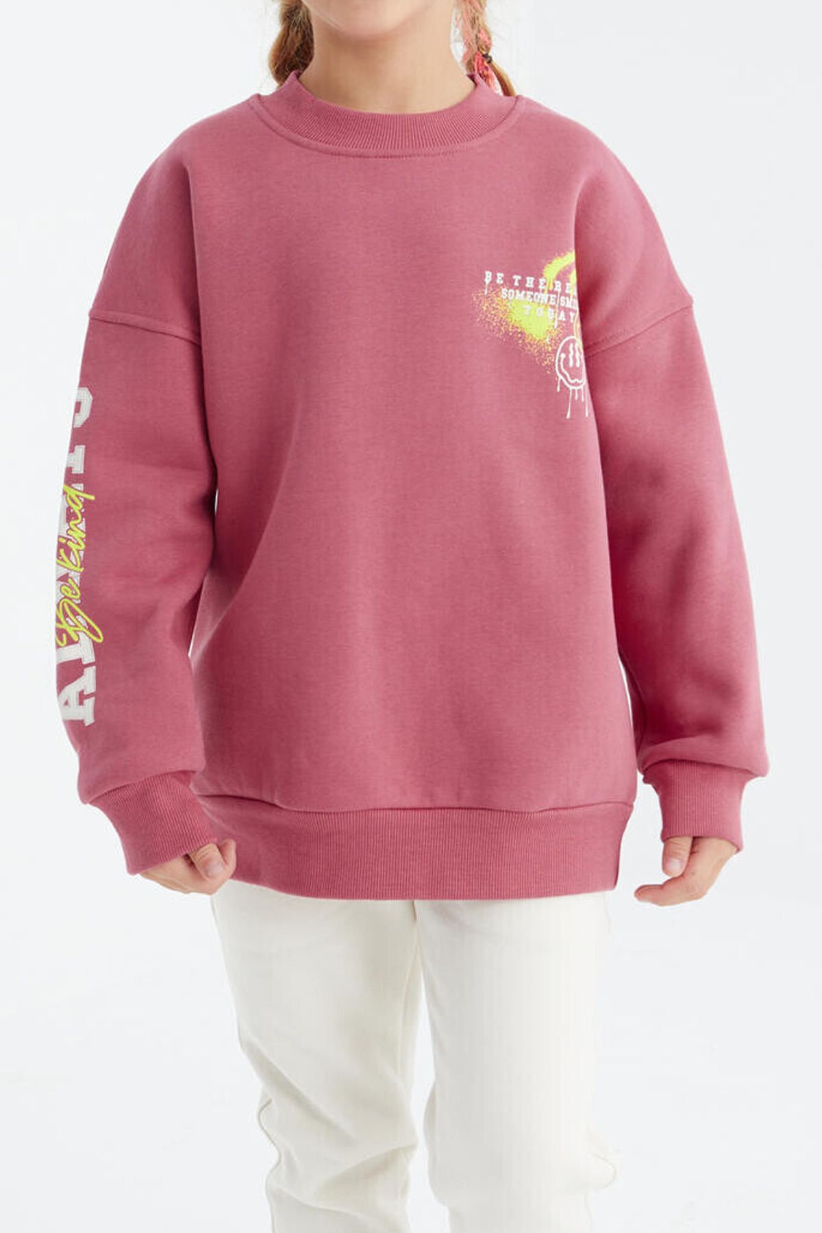TOMMY LIFE 7-15 Yaş Kız Çocuk Baskı Detaylı Şardonlu Sweatshirt 75095 Yaban Gülü