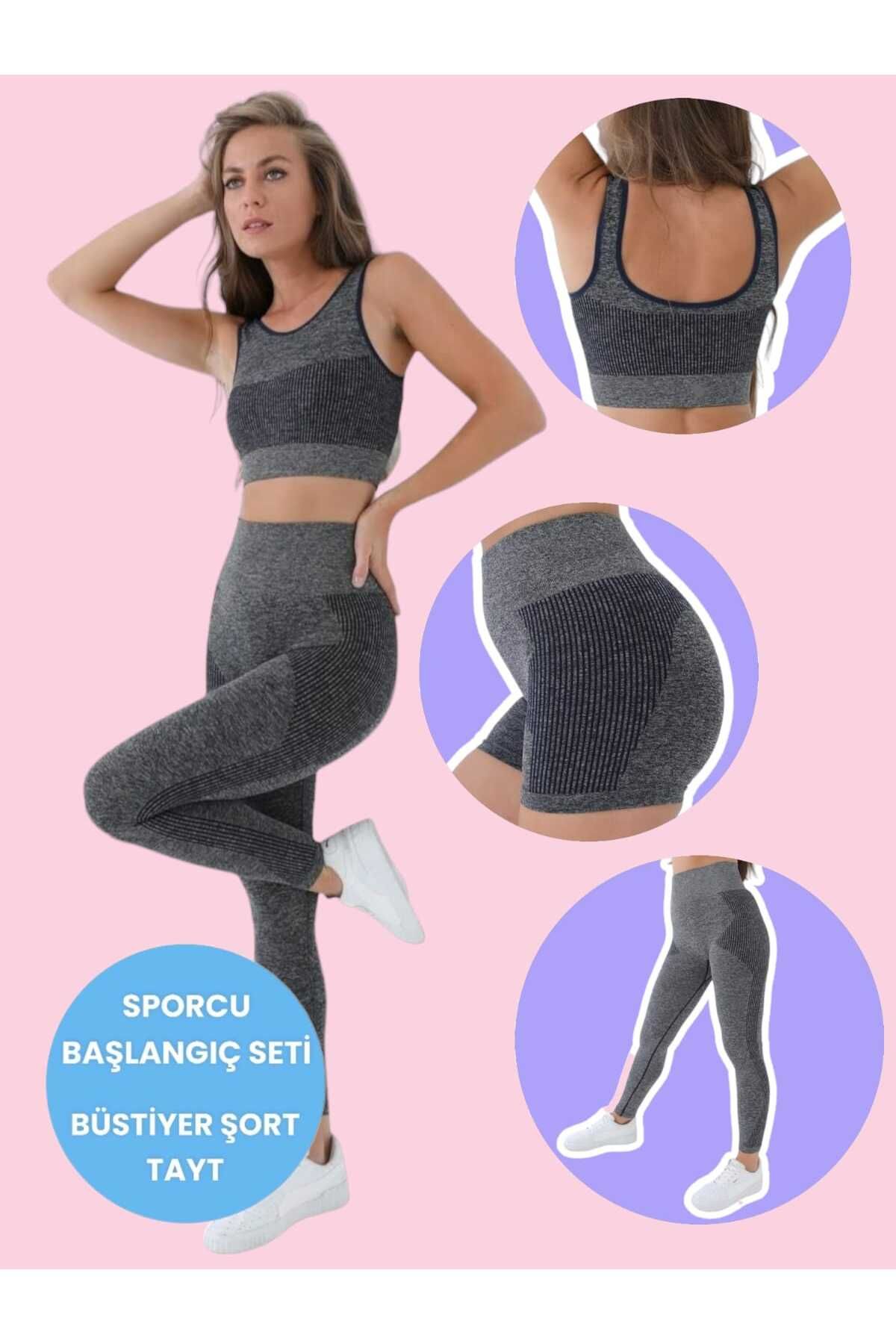 Trenderrs Kadın Sporcu Başlangıç Seti Fitness Yoga Pilates Dikişsiz Spor Büstiyer-Şort -Tayt Set