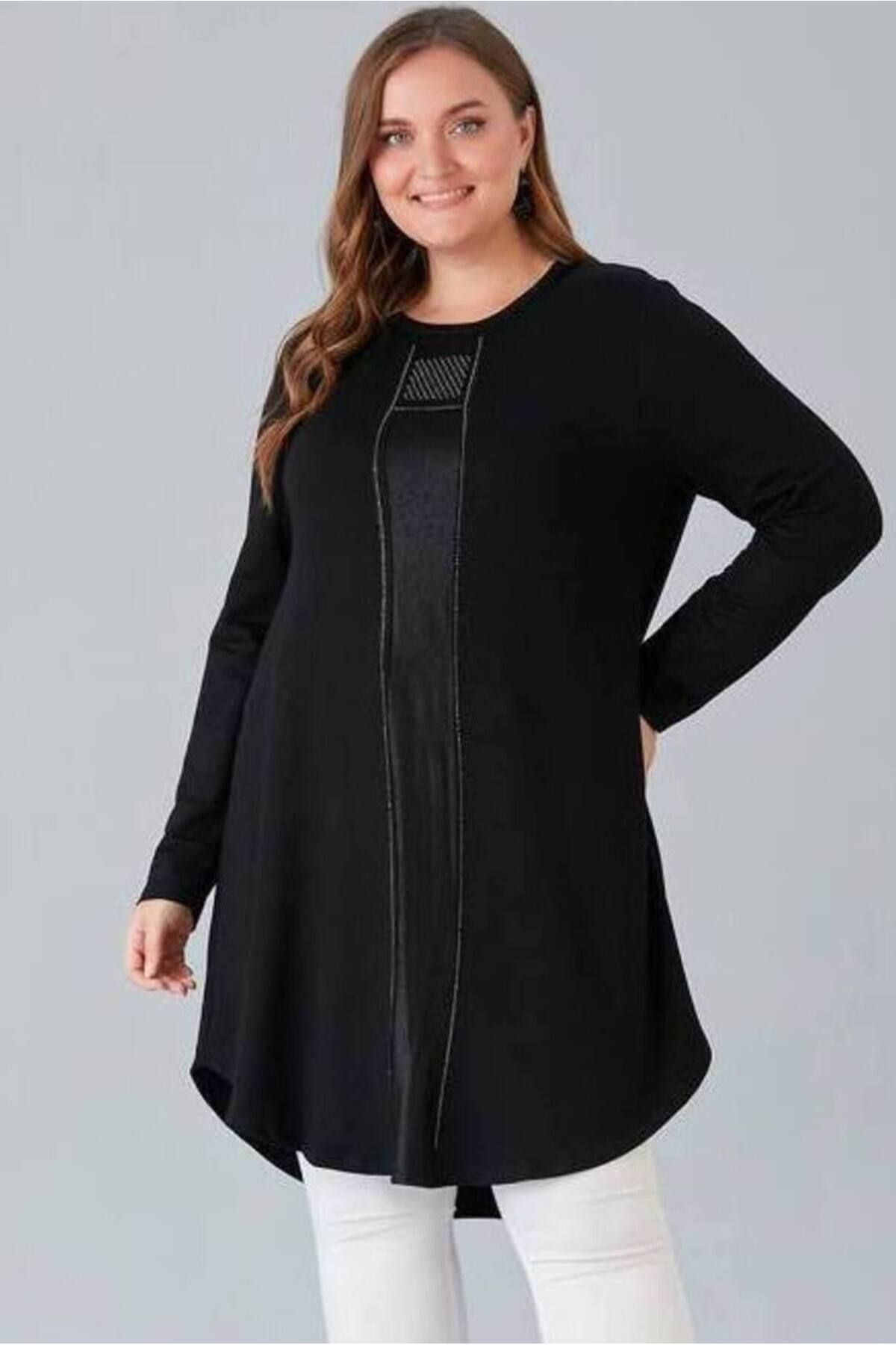 For Big Trend Kadın Büyük Beden Orta Kumaş Desen ve Taşlı Uzun Kol Esnek Tunik
