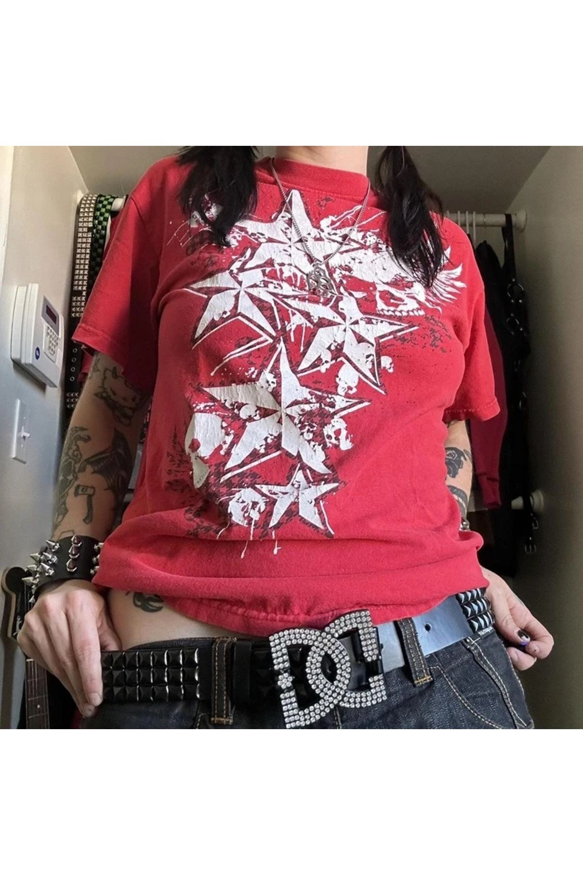 Köstebek Kırmızı Cyber Grunge Vintage Star T-shirt