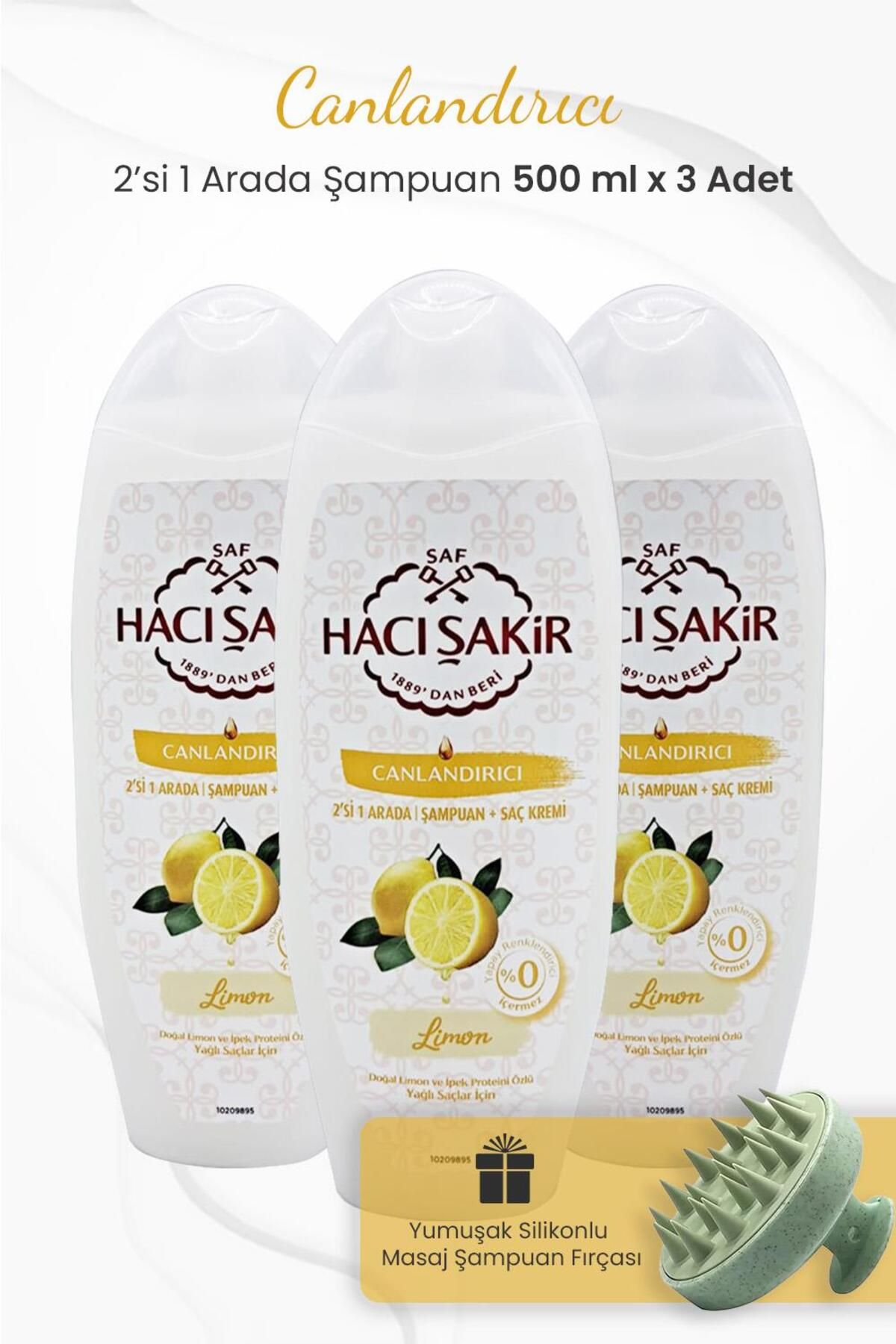 Hacı Şakir Limon 2si 1 Arada Şampuan 500 ml x 3 Adet ve Şampuan Fırçası Yeşil