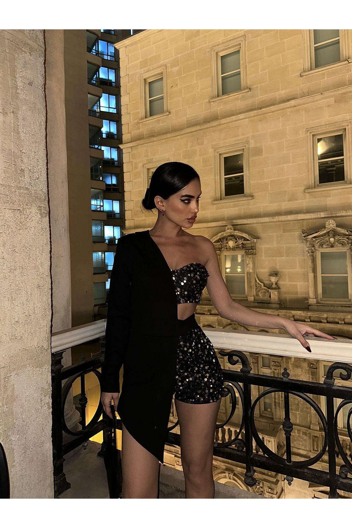 FİOX ATELİER Kadın Yılbaşı Tek Kol Payet Tasarım Şortlu Ceket Elbise