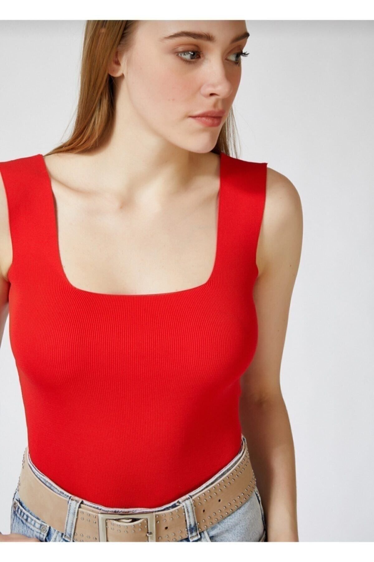 SIRGİYİM Kadın Kırmızı Kalın Askılı Yazlık Triko Bluz