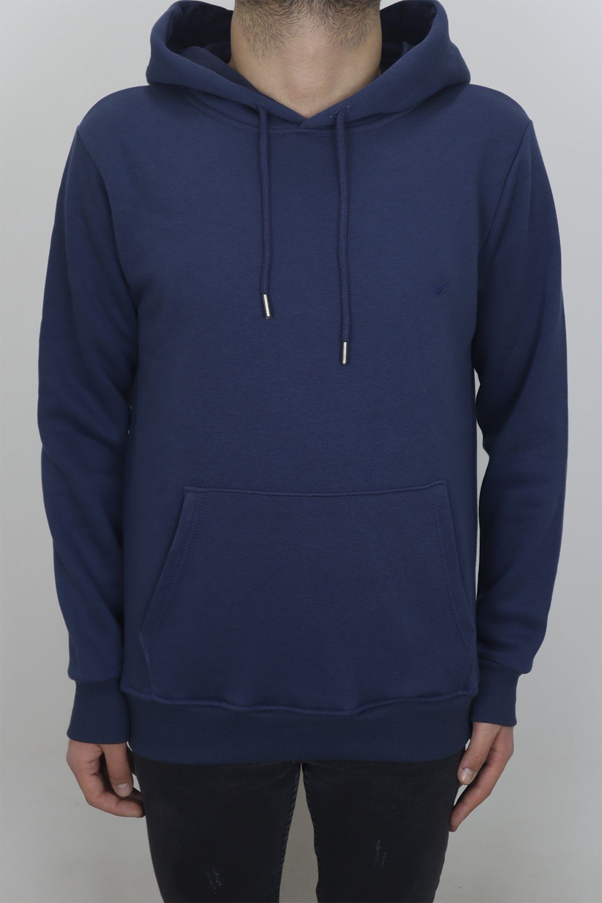 Maccali Fistan Store Erkek İndigo Spor Kesim Rahat Kalıp Şardonlu ve Kapüşonlu 3 İplik Kışlık Sweatshirt