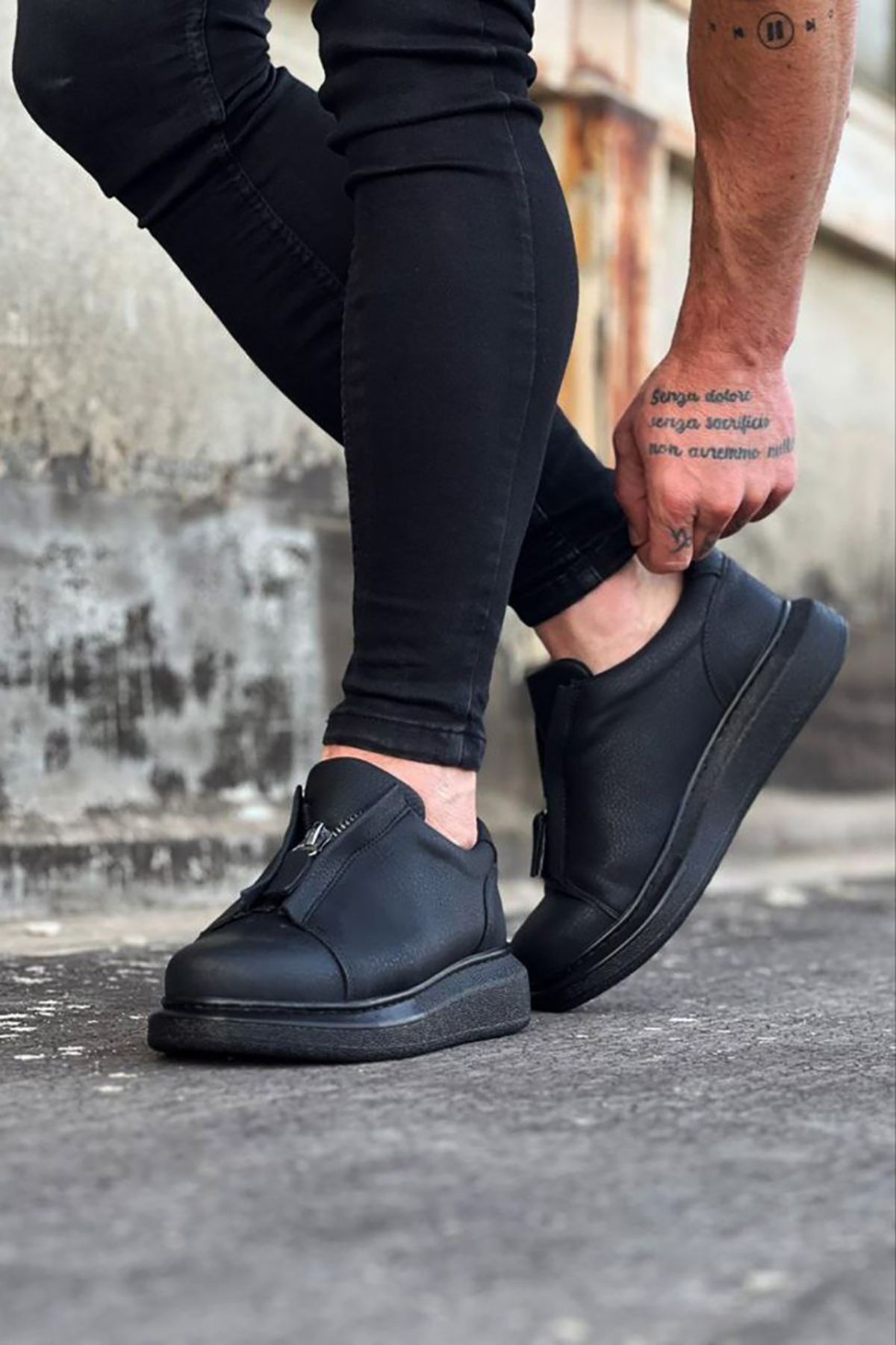 Mida Shoes Siyah Ön Fermuarlı Deri Günlük Erkek Spor Ayakkabı