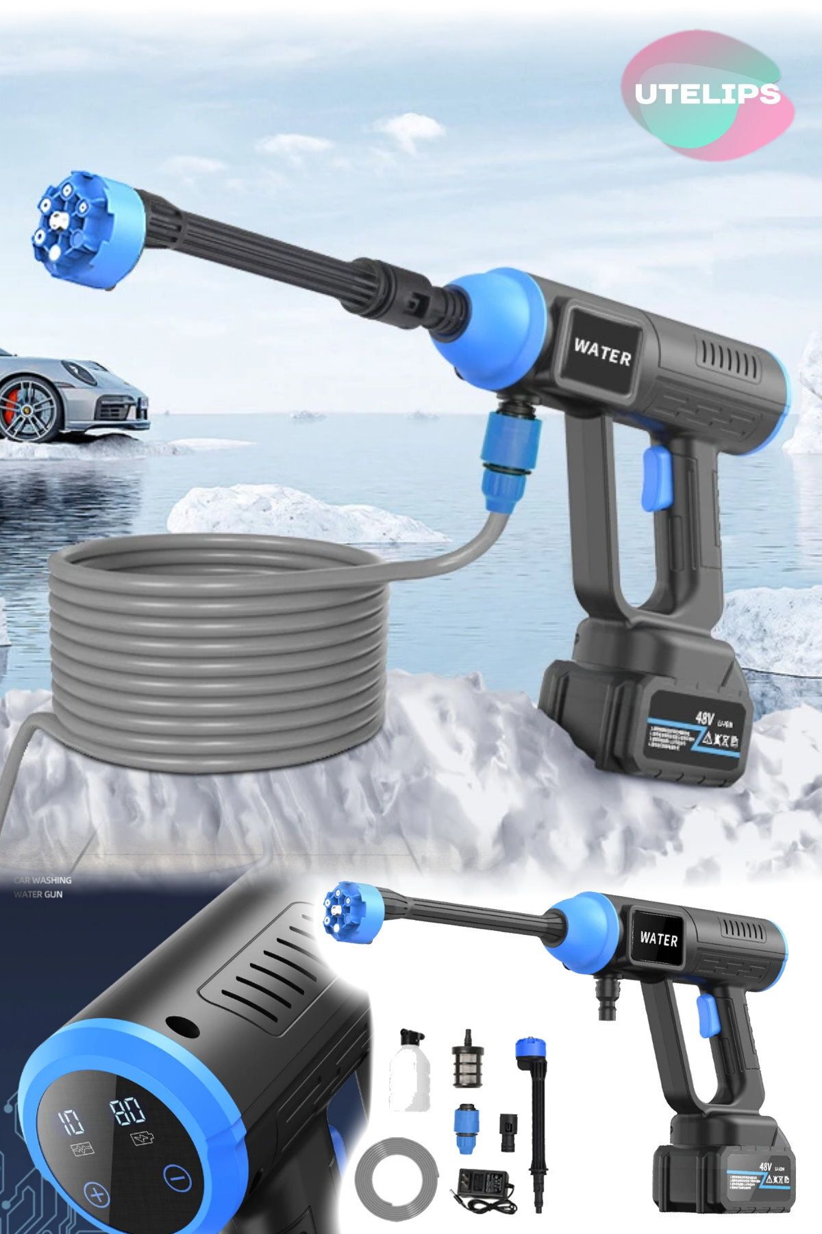 Utelips Kablosuz Araba Yıkama Taşınabilir Şarj Edilebilir Yüksek Basınçlı Su Tabancası Araba Temizleme Aracı