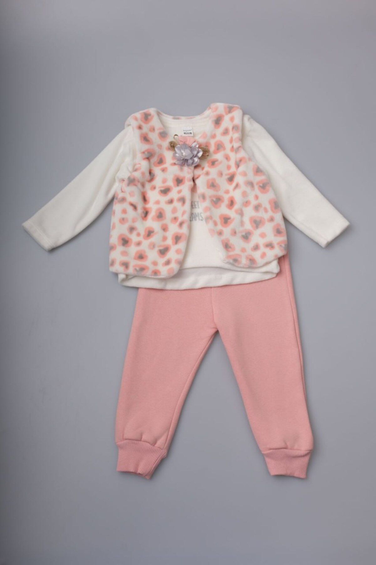 Sare Çocuk Giyim Kız Bebek Pembe Yelekli 3'lü Takım (Kalın kışlık)
