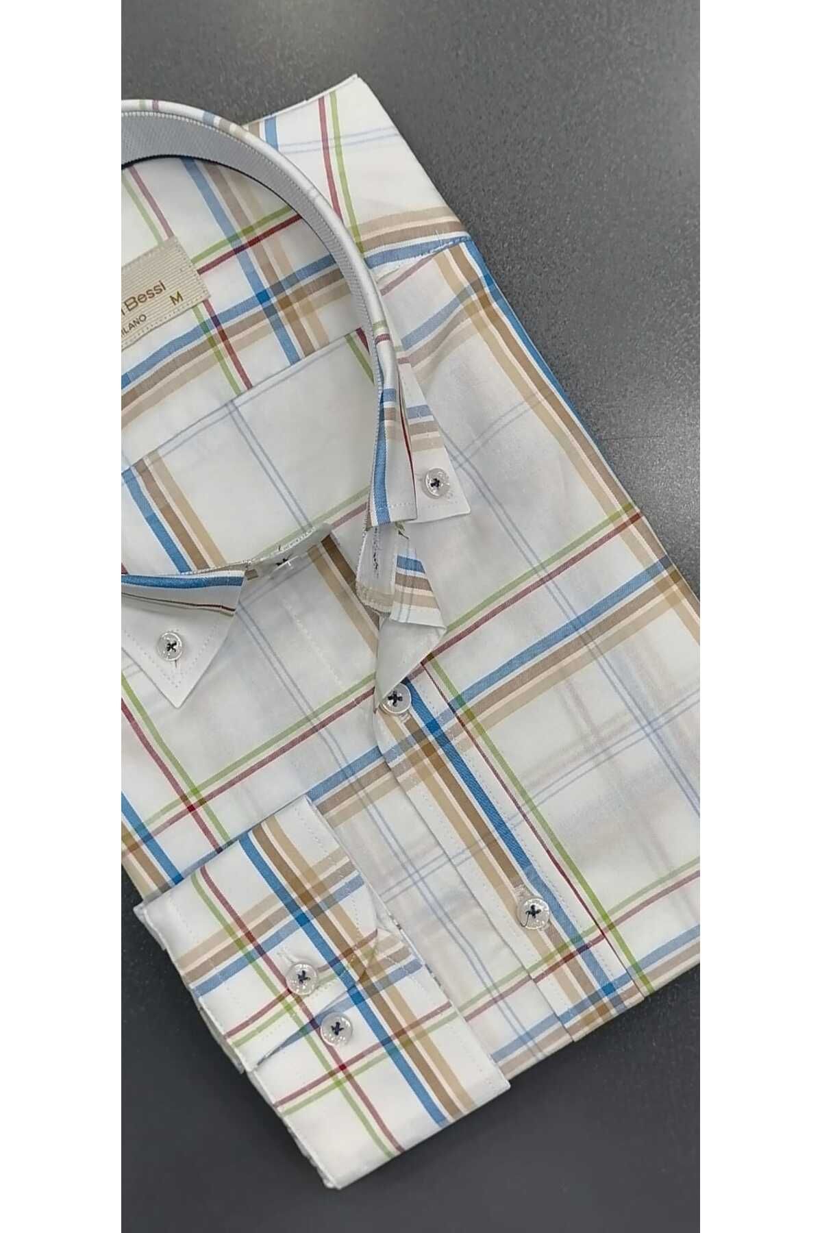 Daniel Bessi Çok Renkli Kareli Klasik Kesim Uzun Kollu Yakası Düğmeli Tek Cepli Gömlek