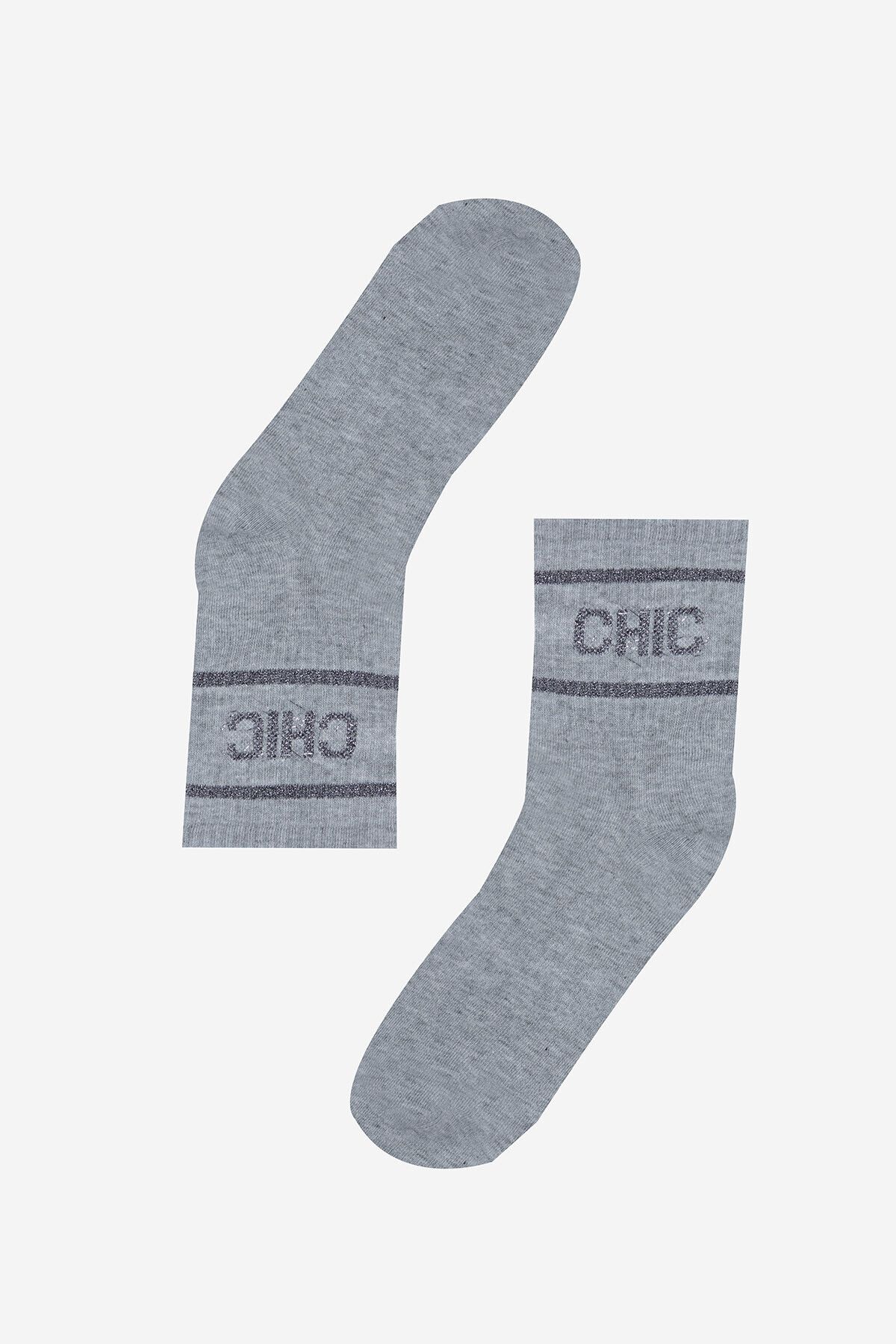 Nbb Gri Chic Slogan Baskılı Soket Çorap