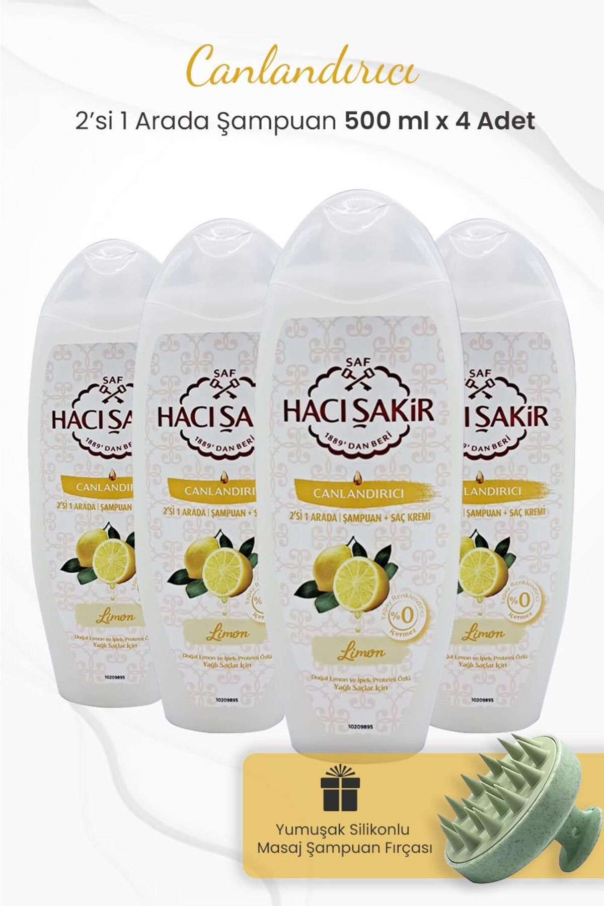 Hacı Şakir Limon 2si 1 Arada Şampuan 500 ml x 4 Adet ve Şampuan Fırçası Yeşil