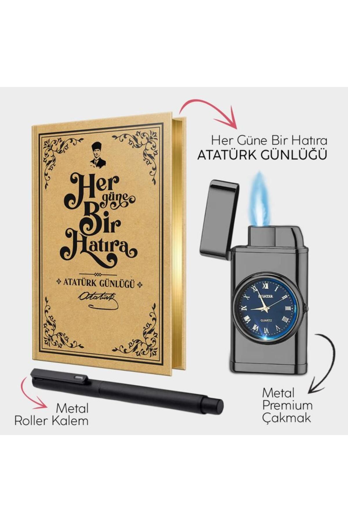 Halk Kitabevi Atatürk Günlüğü - Piano Black Saatli Çakmak - Metal Roller Kalem