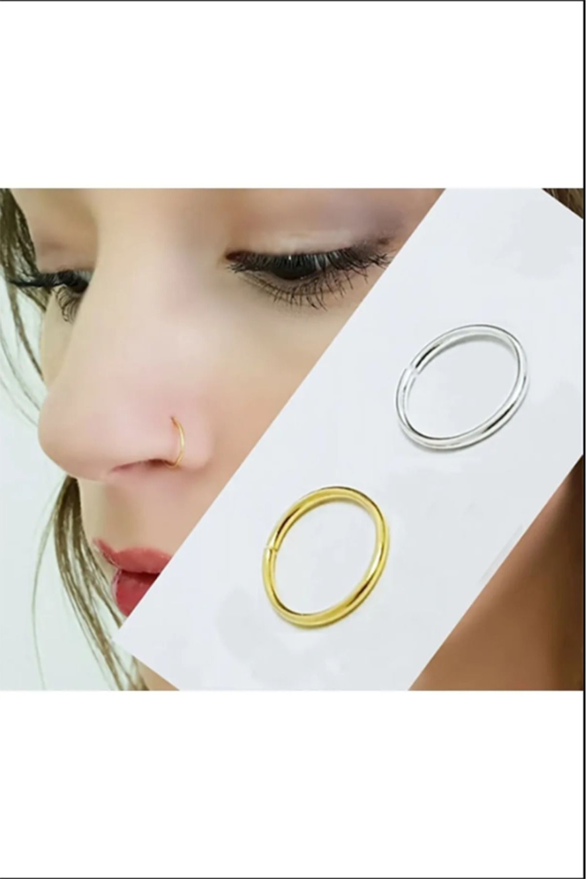 Genel Markalar Öteberi Silver Gold Delikli Deliksiz Fake Kullanıma Uygun 2 Adet Halka Hızma Küpe Piercing Set