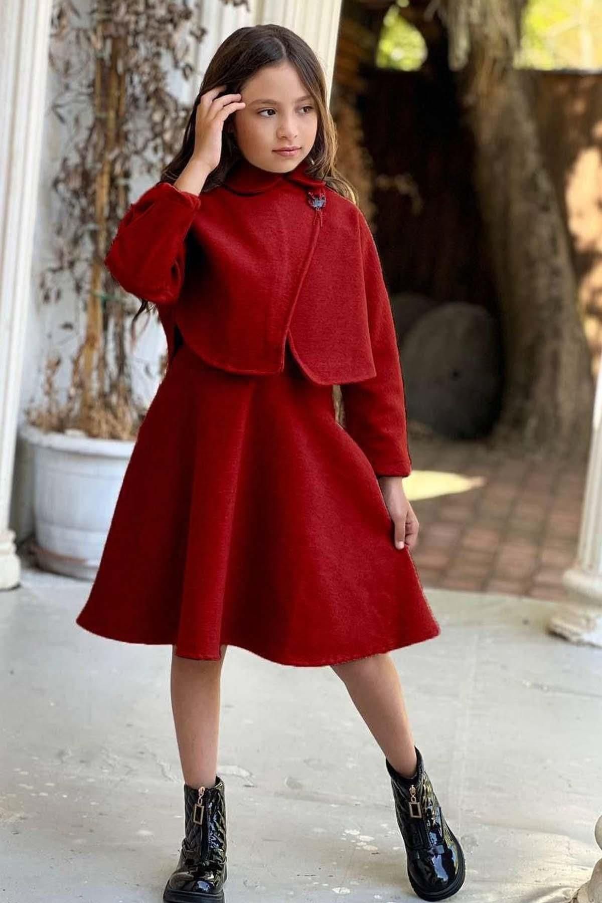Riccotarz Kız Çocuk Önü Düğme ve Yandan Fermuar Detaylı Kolsuz Kaşe Kırmızı Elbise