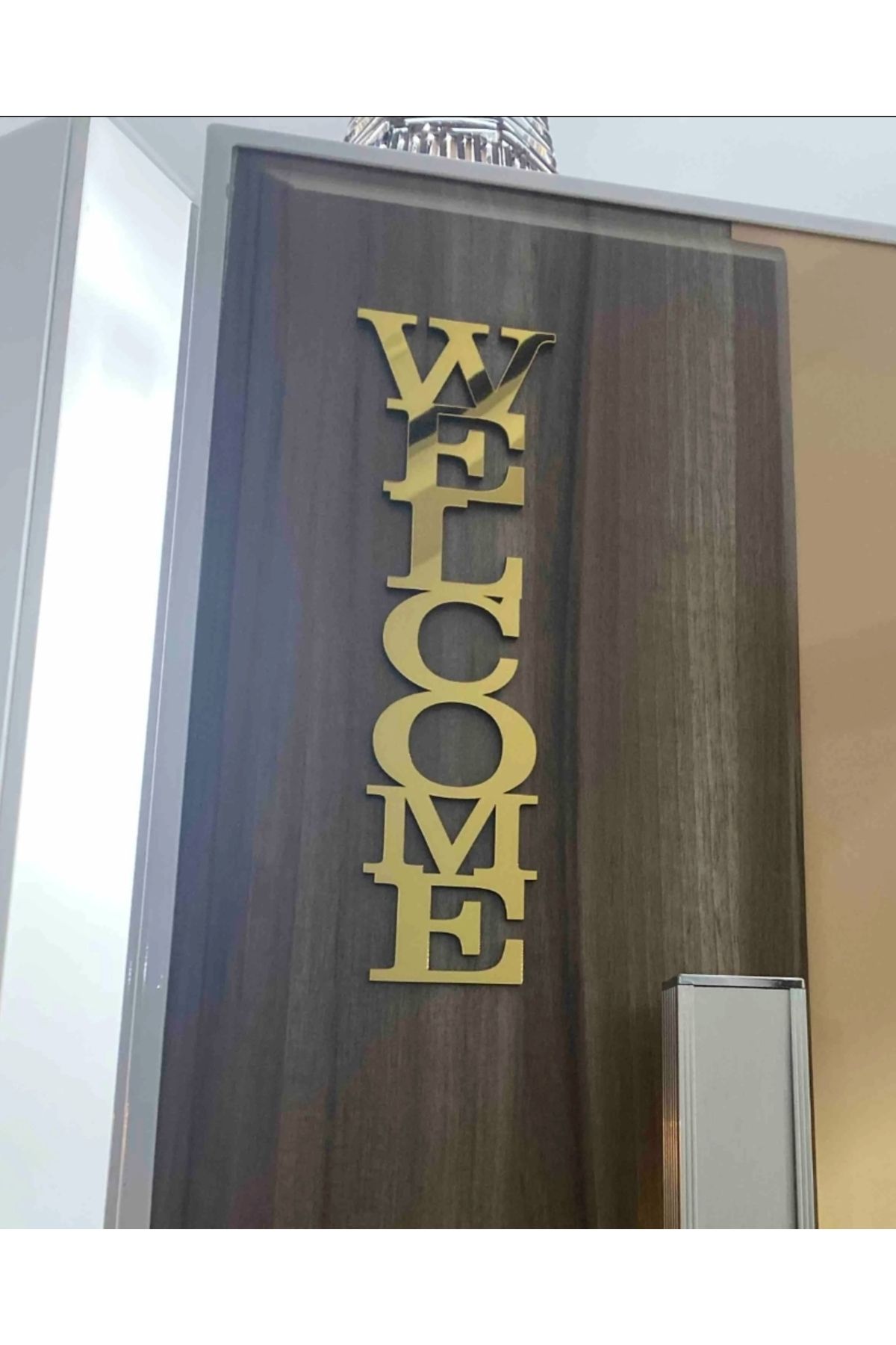 Evsay Welcome Yazılı Dekoratif Kapı Süsü 10x28 Cm Altın Aynalı Pleksi