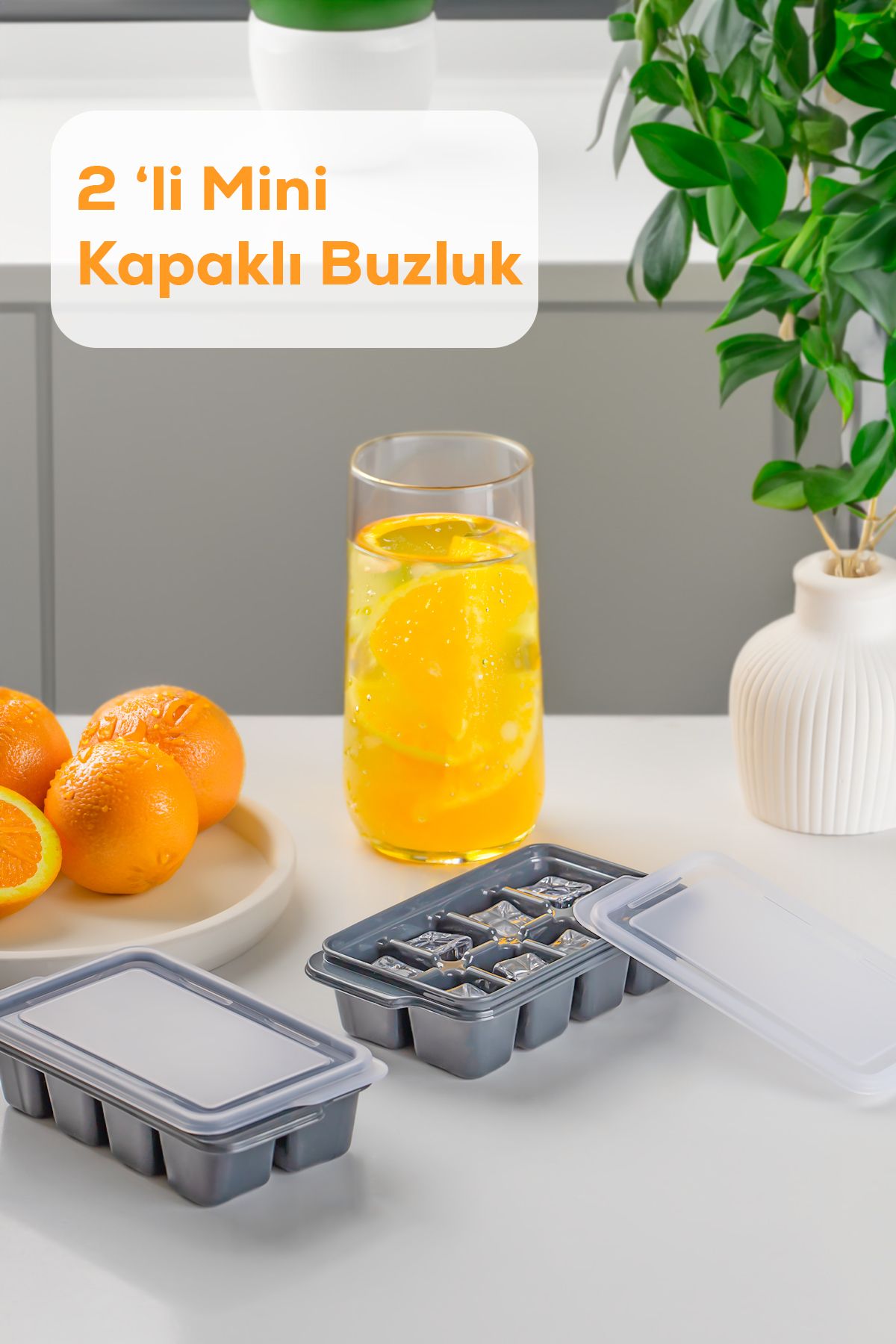 Porsima 16018 2 Adet Plastik Kapaklı 16 Hazneli Mini Buz Kalıbı Kokteyl Sunum Buz Kalıbı Antrasit