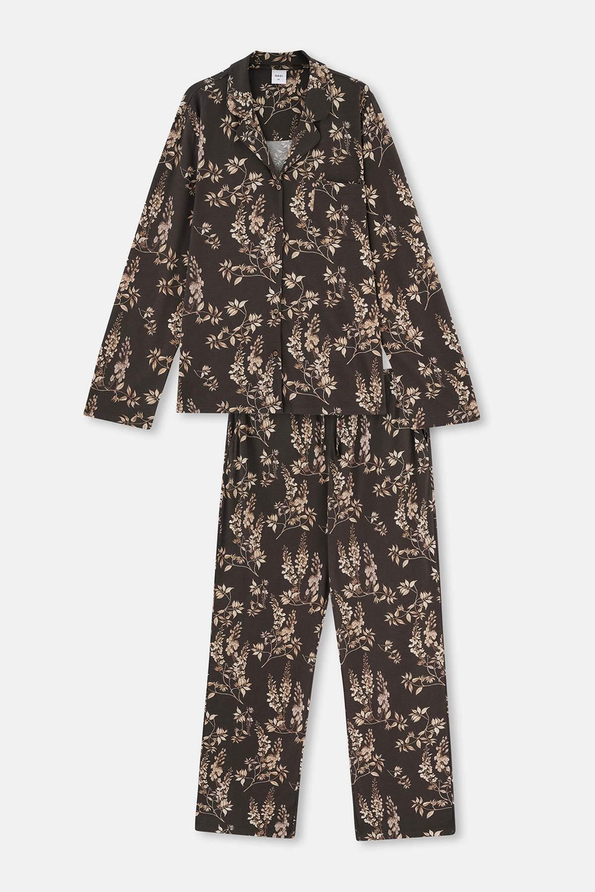 Dagi Koyu Kahve Metraj Baskılı Plus Size Pijama Takımı
