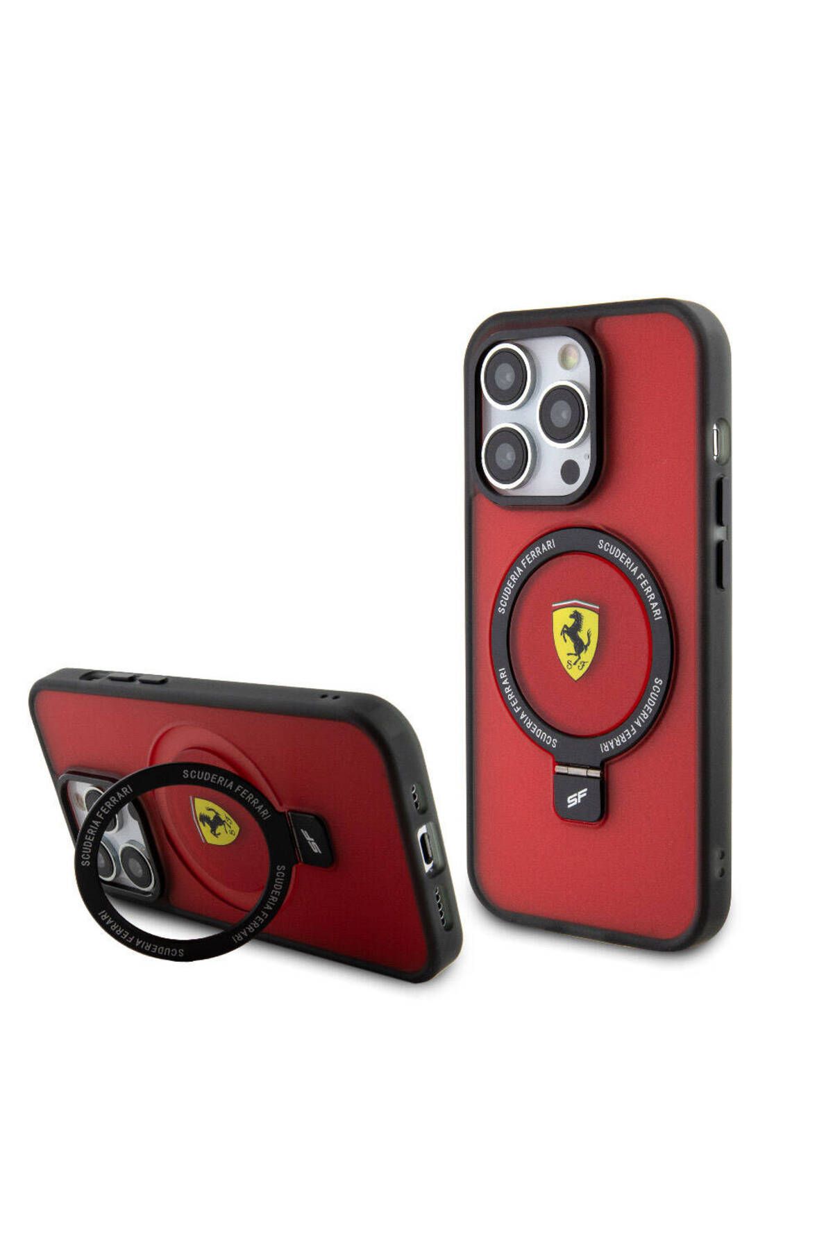 Ferrari iPhone 15 Pro Uyumlu Kılıf Ferrari Magsafe Şarj Özellikli Standlı Buzlu Yüzey Dizayn Kapak Kırmızı