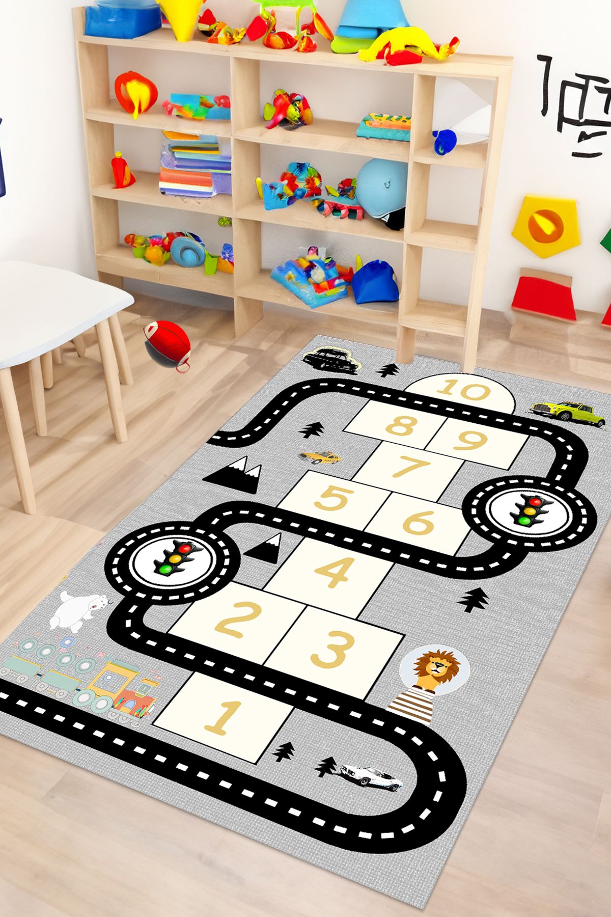 Decomia Home Dijital Kaymaz Yıkanabilir Araba Yollu Eğlenceli Eğitici Gri Çocuk Halısı Çocuk Oyun Halısı
