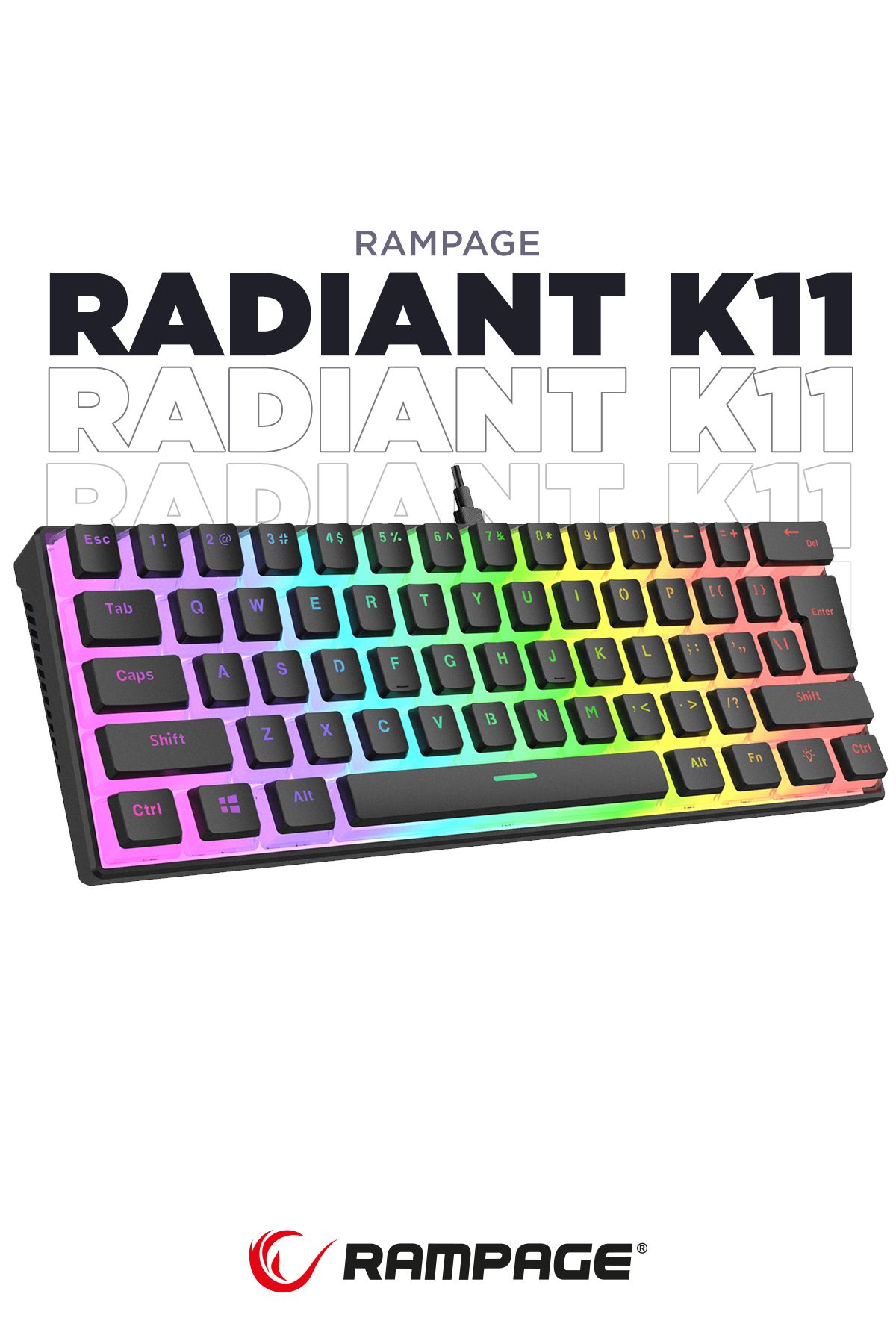 Rampage Radiant K11 Mekanik Klavye Type-c Bağlantı Rgb Puding Tuş Siyah Blue Switch Mini Gaming Oyuncu Klavy