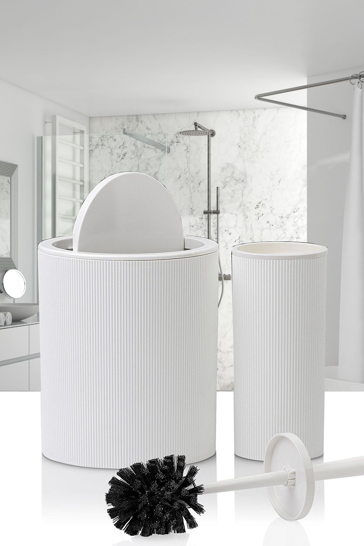 Tugomer 2'li Banyo Seti -Stil Yuvarlak Dokunmatik Pratik Kapaklı Çizgili Banyo Çöp Kovası - Fırça Seti Beyaz