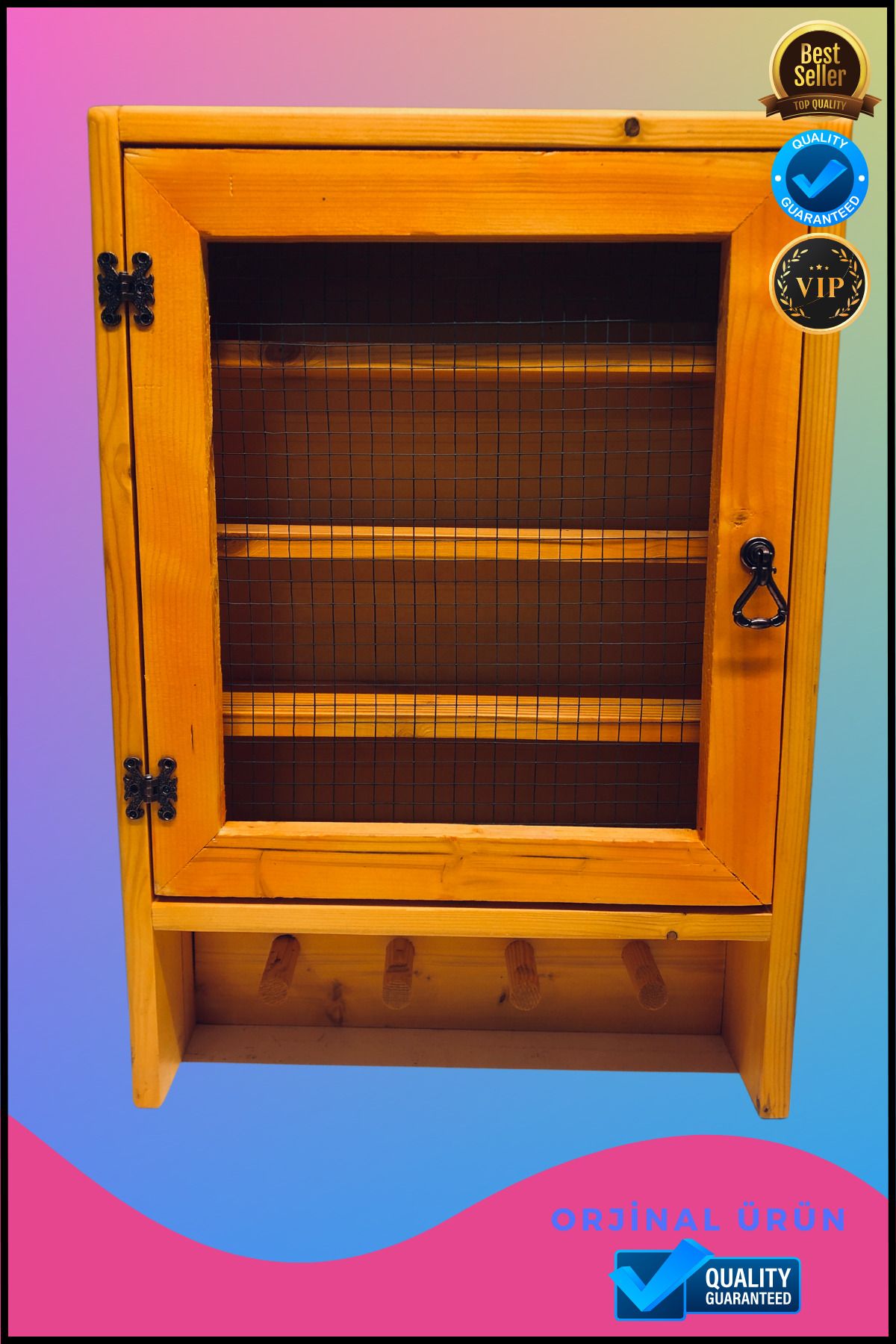 Overbazaar Masif Ahşap Tel Dolap Sarı Renk 60*42*12 Cm Mutfak Banyo Balkon Dolabı