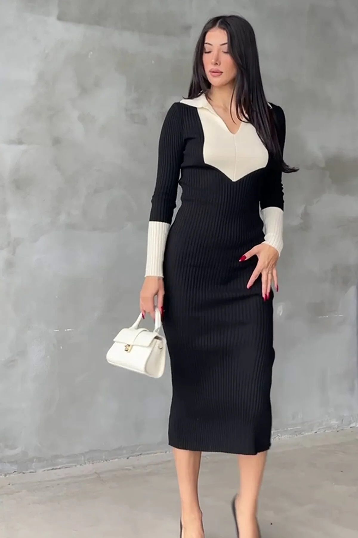 WOMAN VISION Kadın Polo Yaka Uzun Kollu Esnek Triko Kumaş Beyaz Parça Detaylı Midi Siyah Beyaz Triko Elbise 550