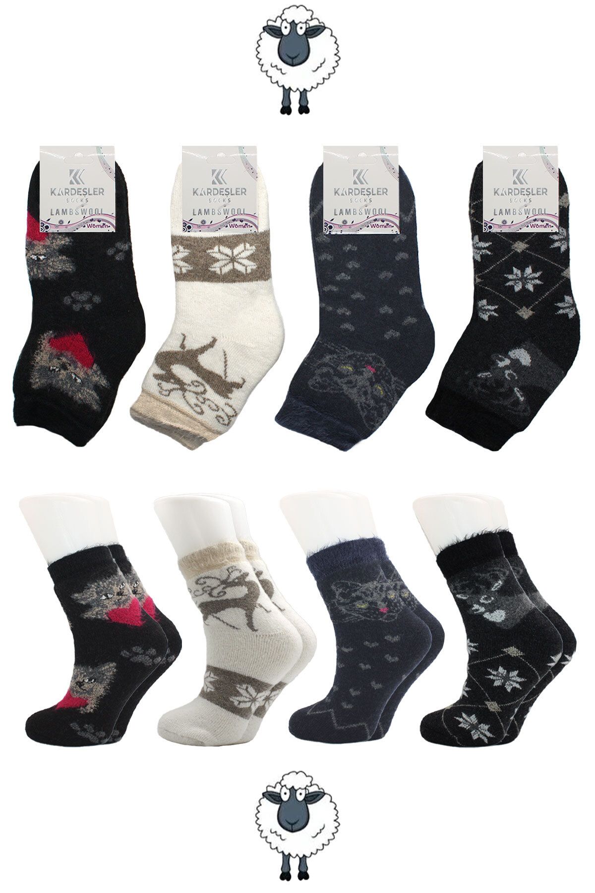 KARDEŞLER ÇORAP Kadın Lambswool Yün Kışlık Kalın Yarım Konç Çorap 4'lü Paket