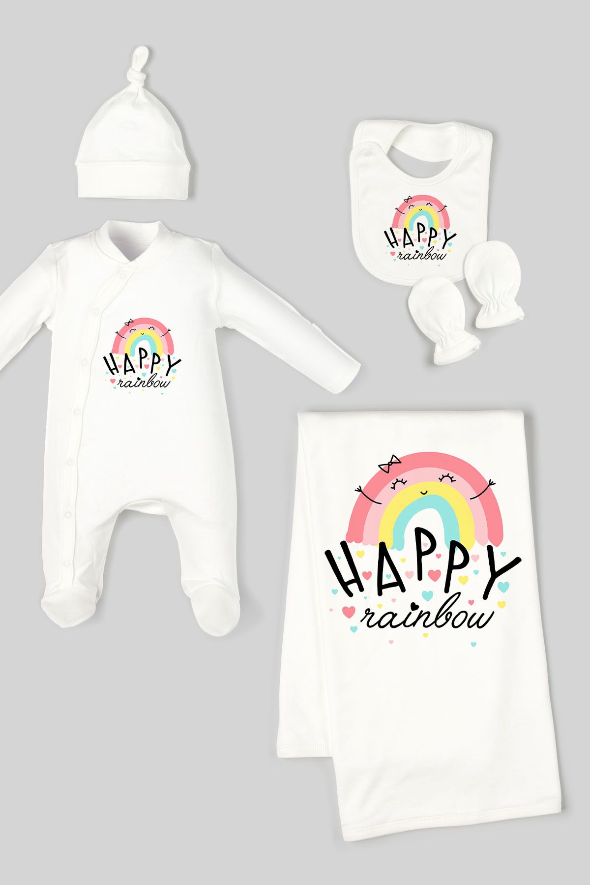 Tuğba Kuğu Organik 5'li Interlok Hastane Çıkışı - Pure Baby Serisi - Happy Rainbow