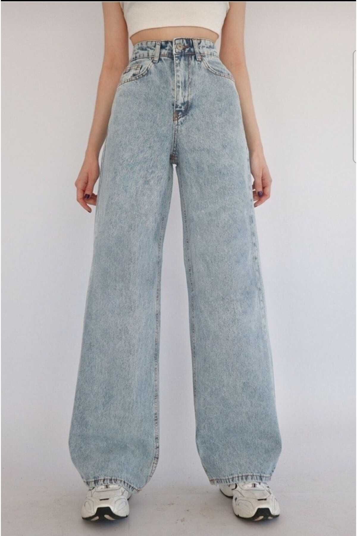 DRC trend Floara Kar Yıkama Mavi Likralı Süper Yüksek Bel Salaş Jeans Palazzo Pantolon