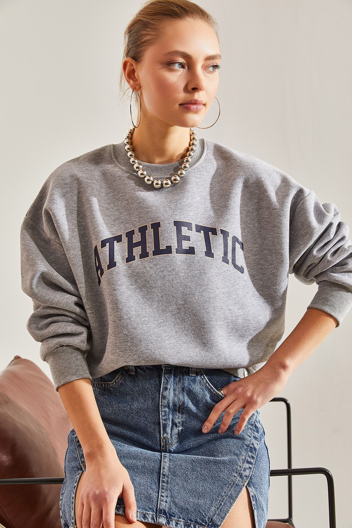 Bianco Lucci Kadın Athletic Baskılı Üç İplik Şardonlu Sweatshirt
