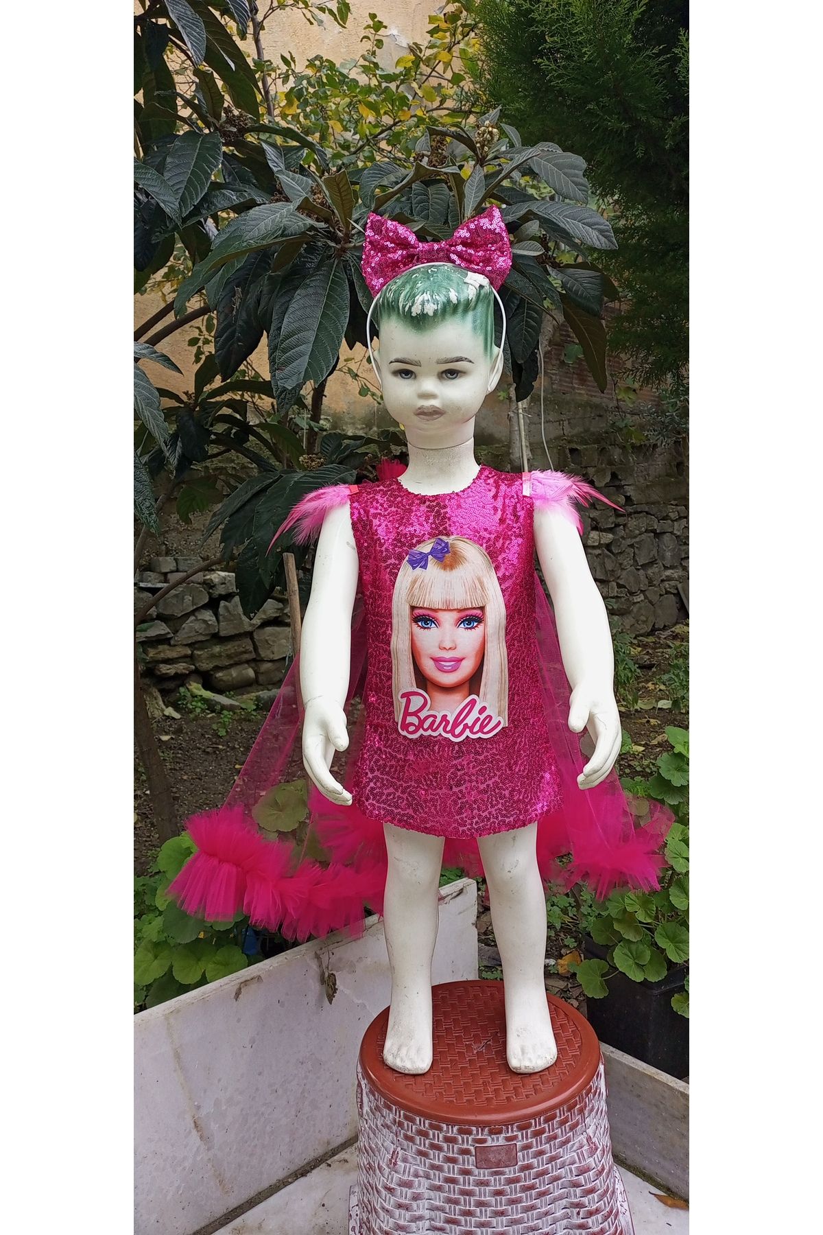 Niliya çocuk giyim Pelerinli fuşya payet Barbie elbise