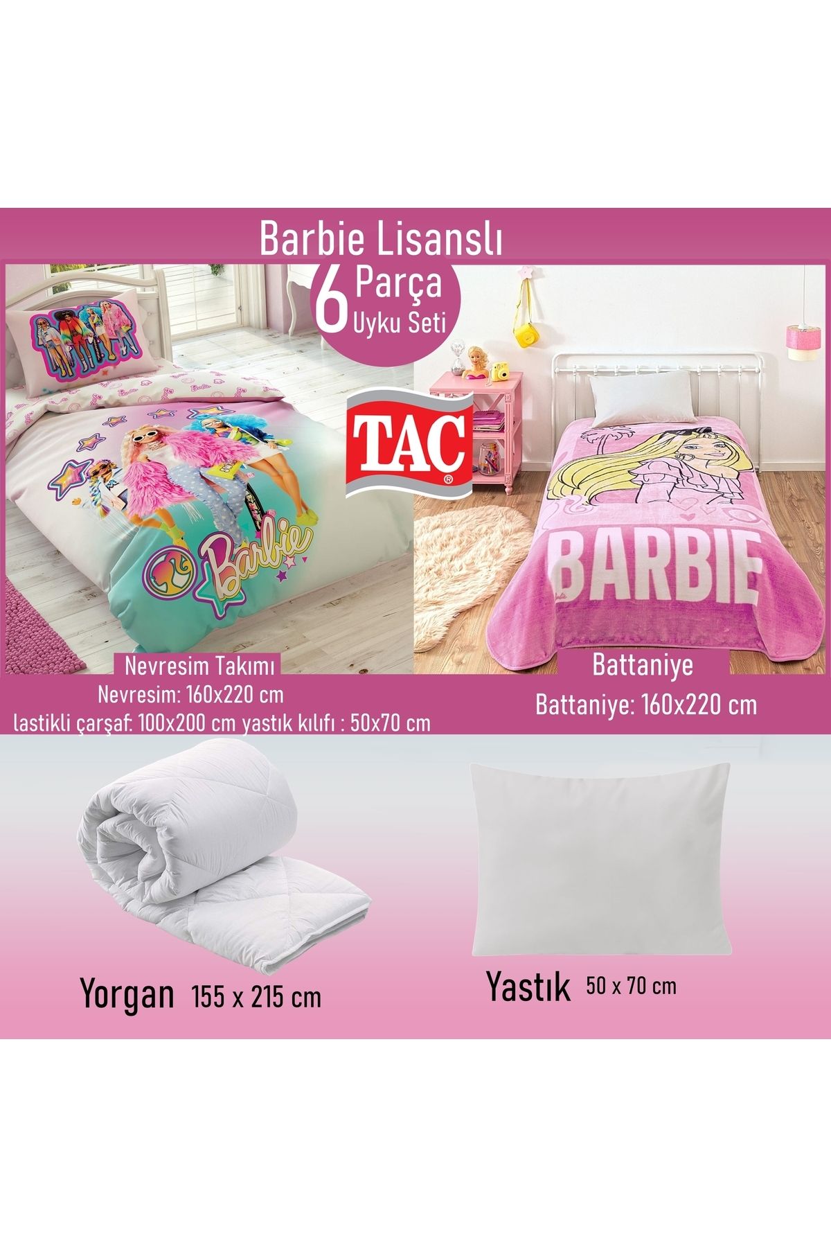 Taç Barbie Lisanslı 6 Parça Uyku Seti Yastık Hediyeli