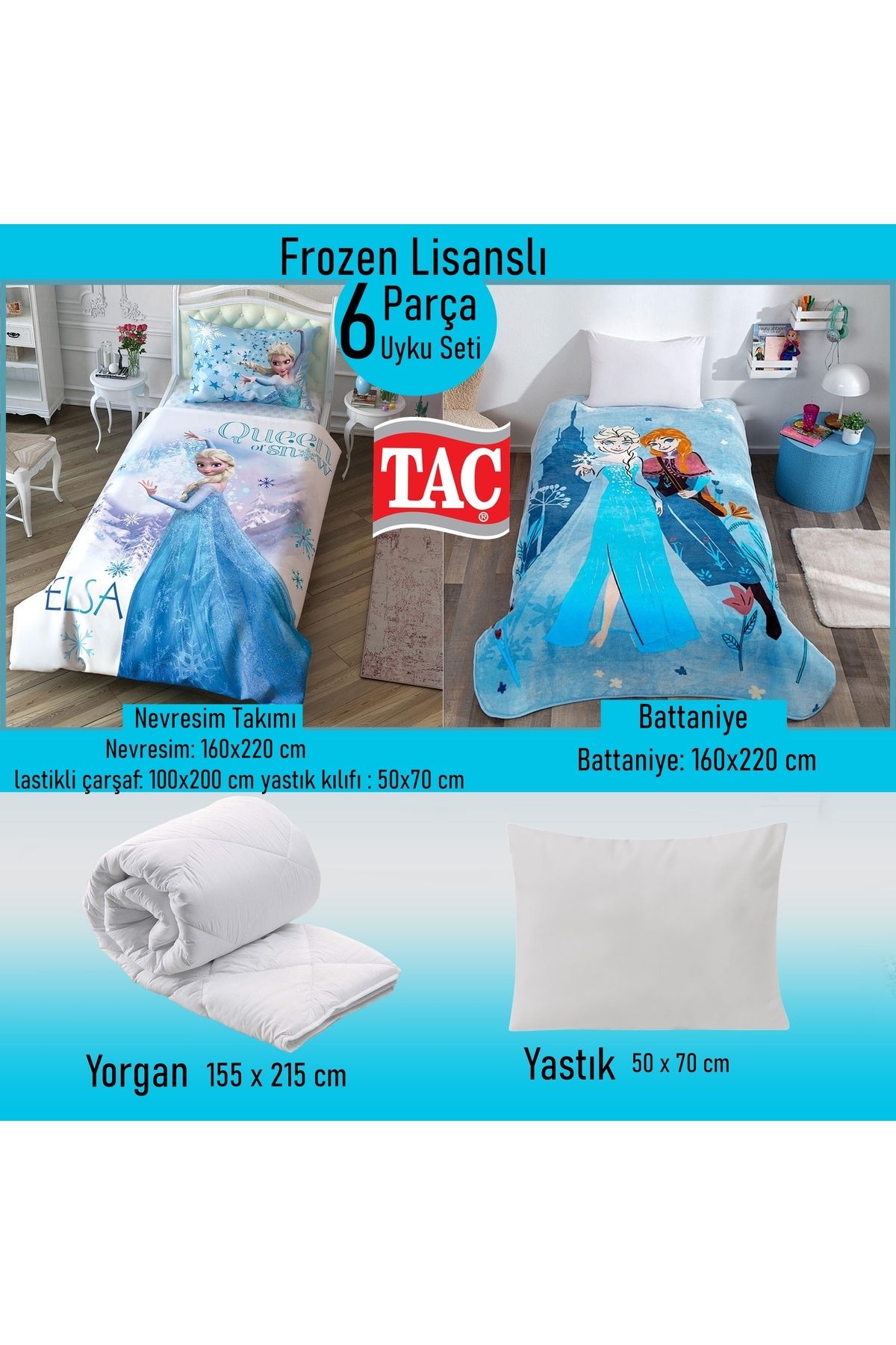 Taç Frozen Lisanslı 6 Parça Uyku Seti Yastık Hediyeli - Nevresim+Battaniye+Yorgan