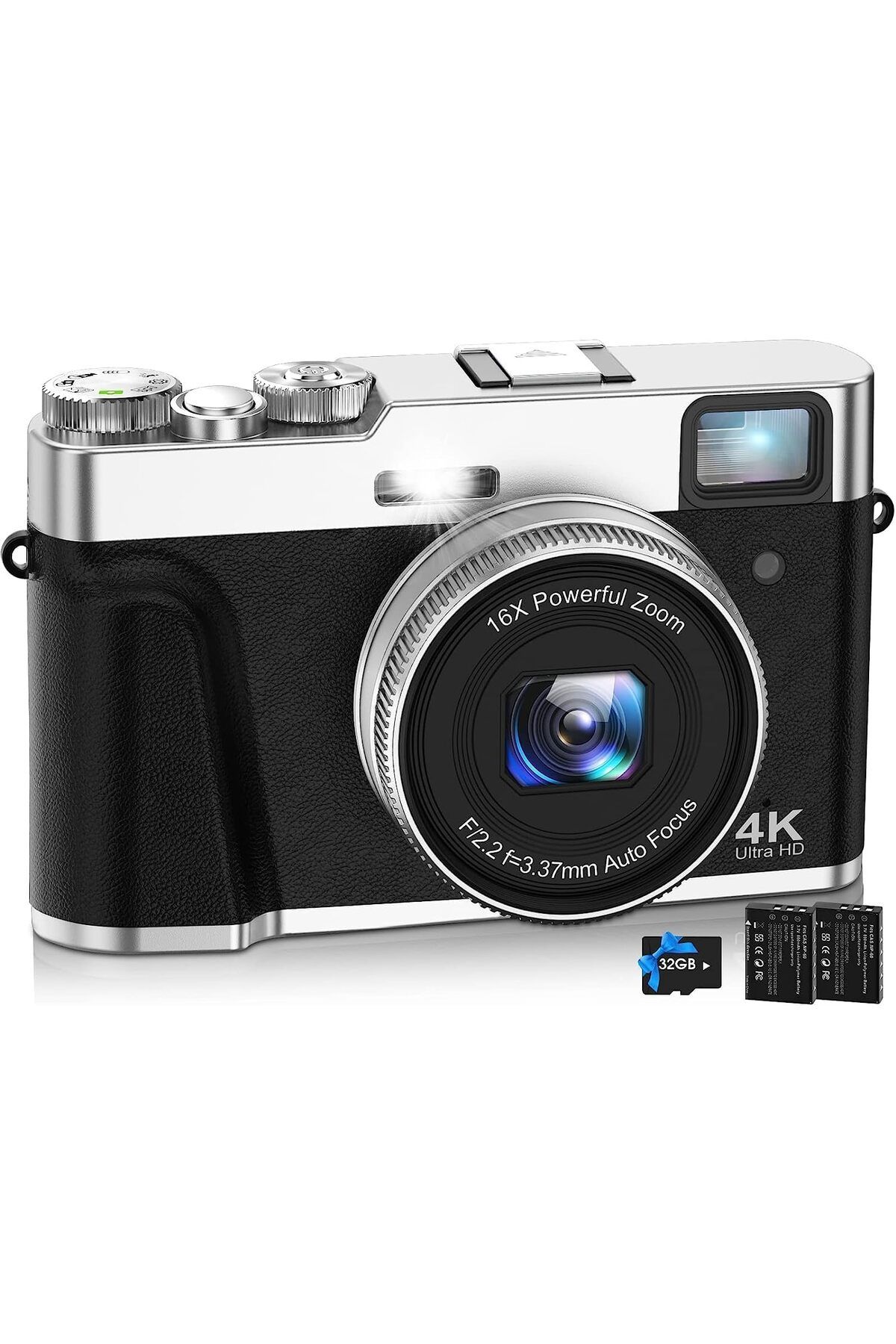 Nezini Dijital kamera, 4 K 48 MP UHD, 32 GB kart ve kamera cepli, 16 x zoom fotoğraf makinesi