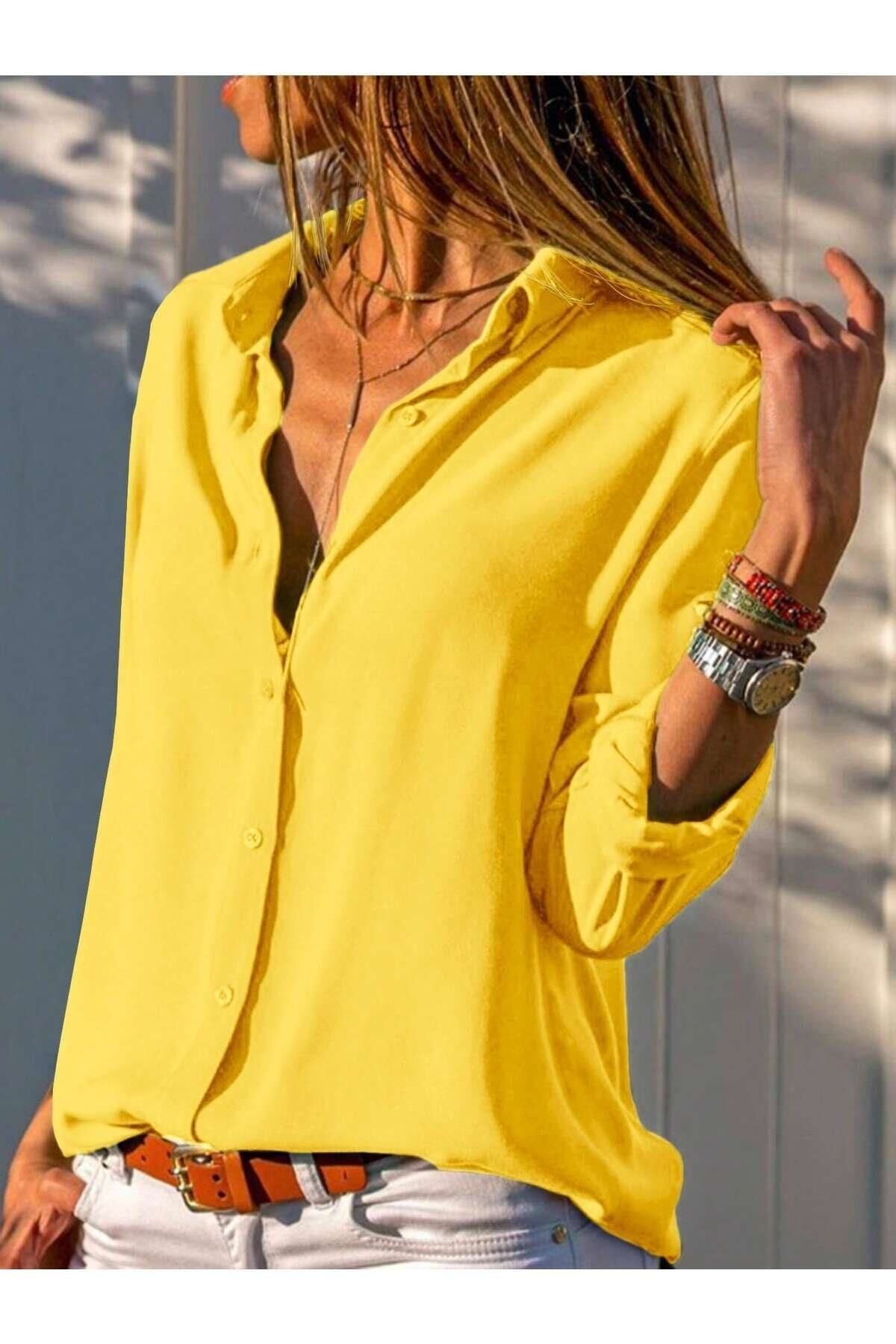 POLO BONETTA Kadın Sarı Büyük Beden Basic Geniş Kalıp Dokuma Viskon Kumaş Gömlek Bluz