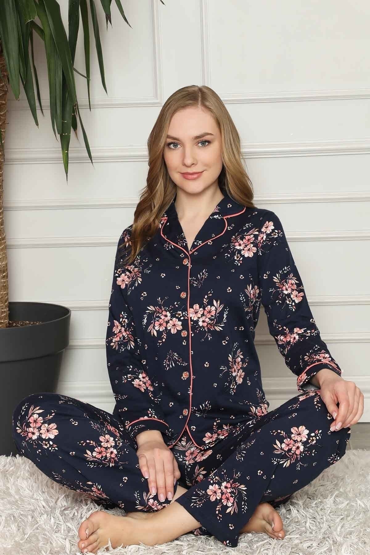 BIES Kadın Lacivert Pembe Çiçekli Önden Düğmeli Gömlek Yaka Uzun Kol Mevsimlik %100 Pamuk Pijama Takımı