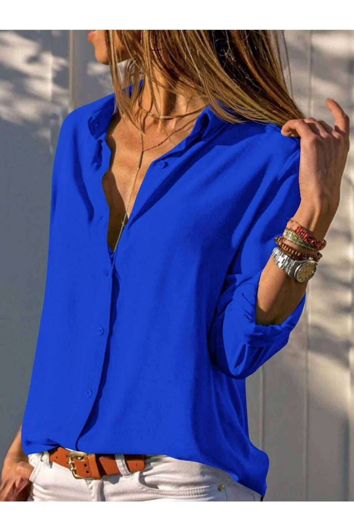 POLO BONETTA Kadın Saks Mavi Büyük Beden Basic Geniş Kalıp Dokuma Viskon Kumaş Gömlek Bluz