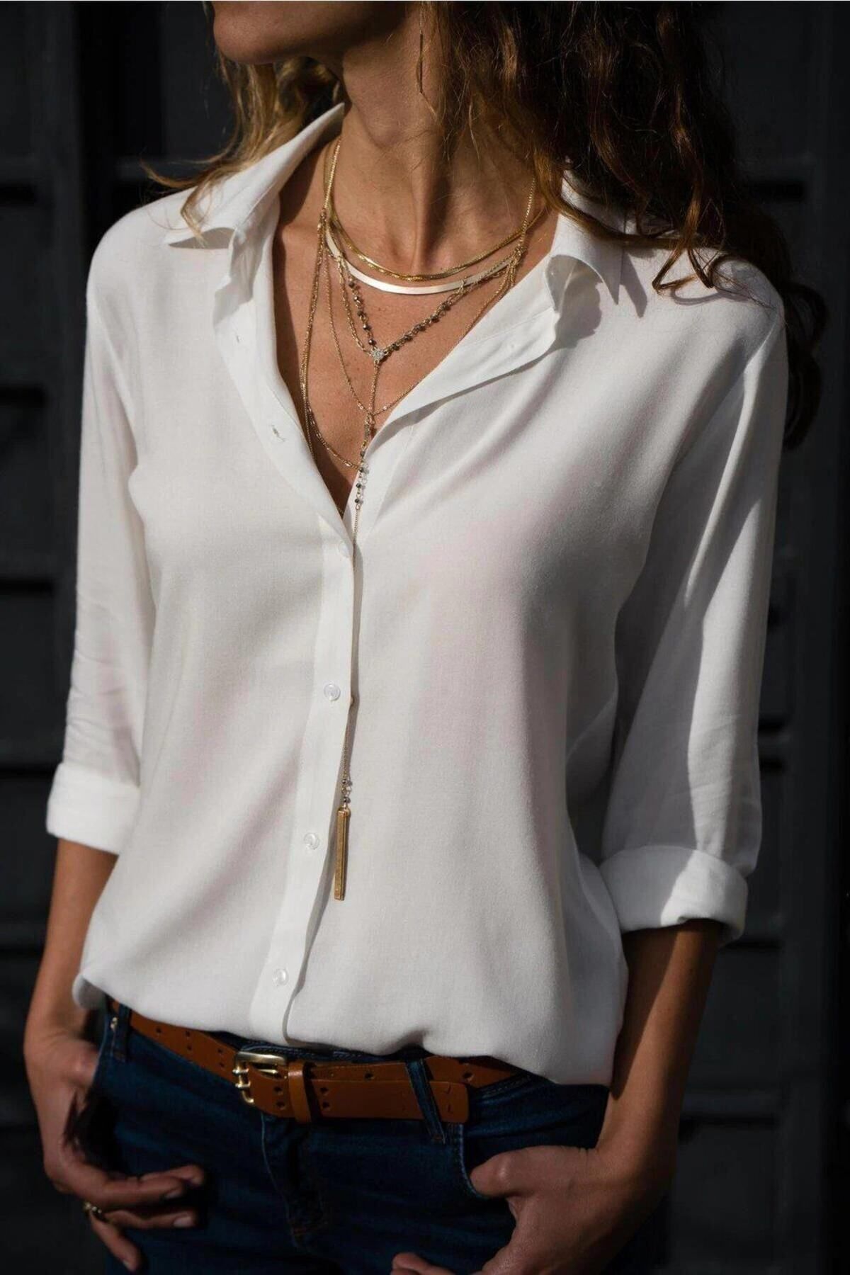 POLO BONETTA Kadın Beyaz Büyük Beden Basic Geniş Kalıp Dokuma Viskon Kumaş Gömlek Bluz