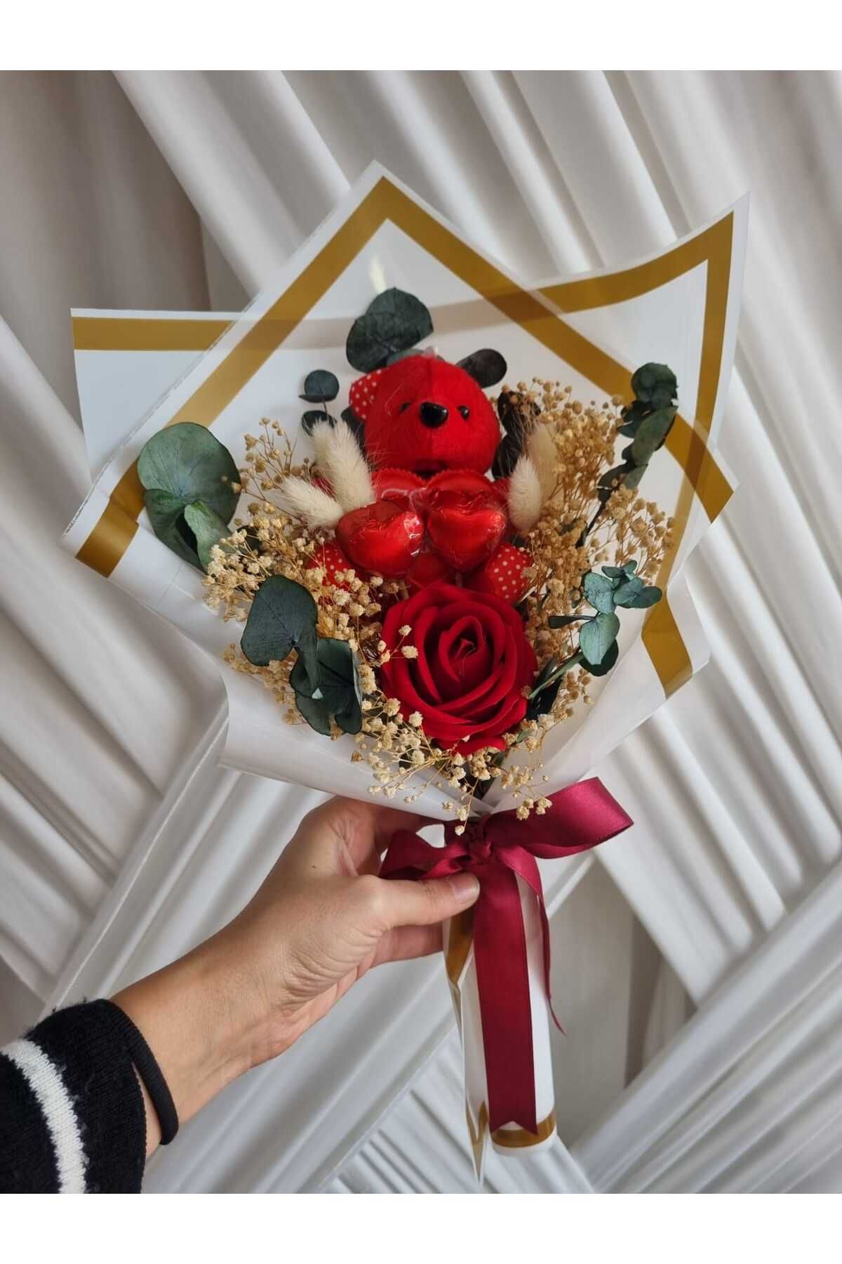 Destina Tasarım Kırmızı Ayıcıklı buket çikolata Sevgiliye hediye/Arkadaşa Hediye/Doğum günü hediyesi