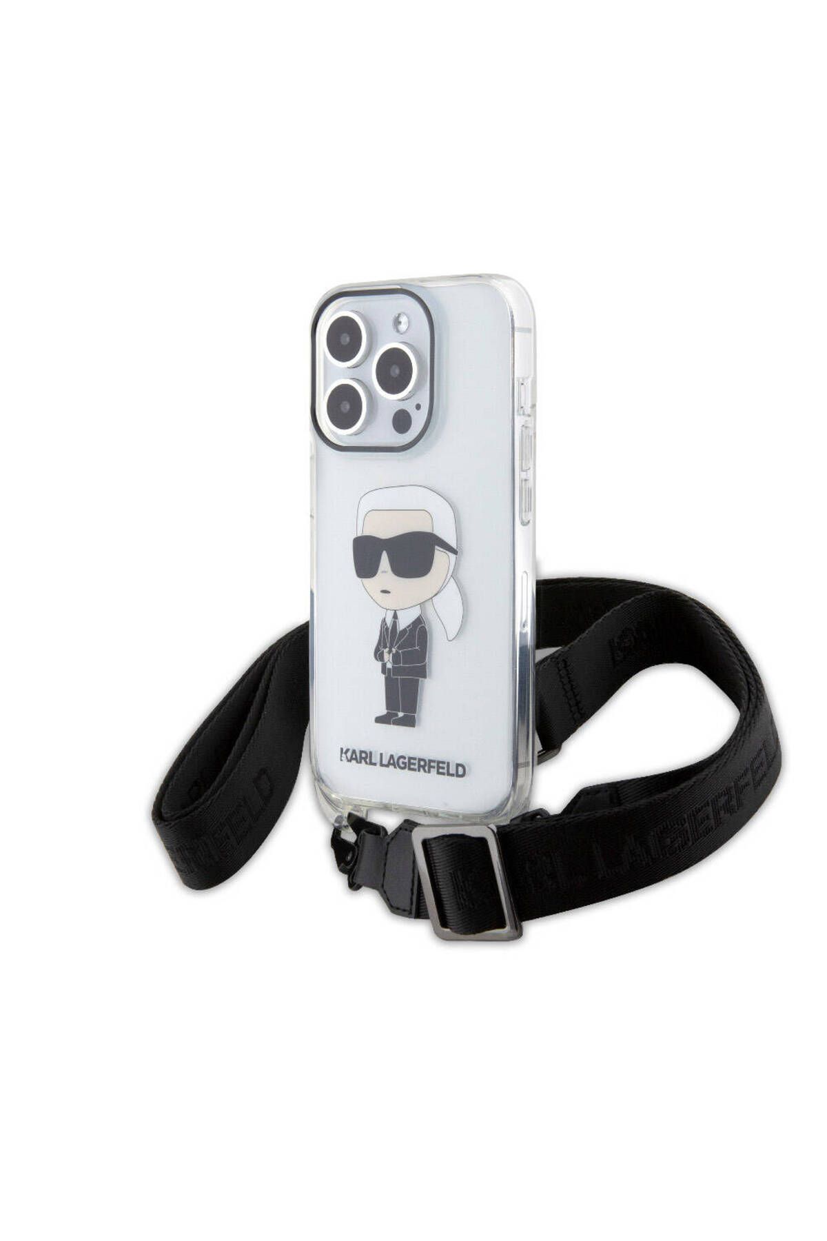 Karl Lagerfeld iPhone 15 Pro Uyumlu Kılıf Karl Lagerfeld Lisanslı Boyun Askılı Karl İkonik Crossbody Şeffaf