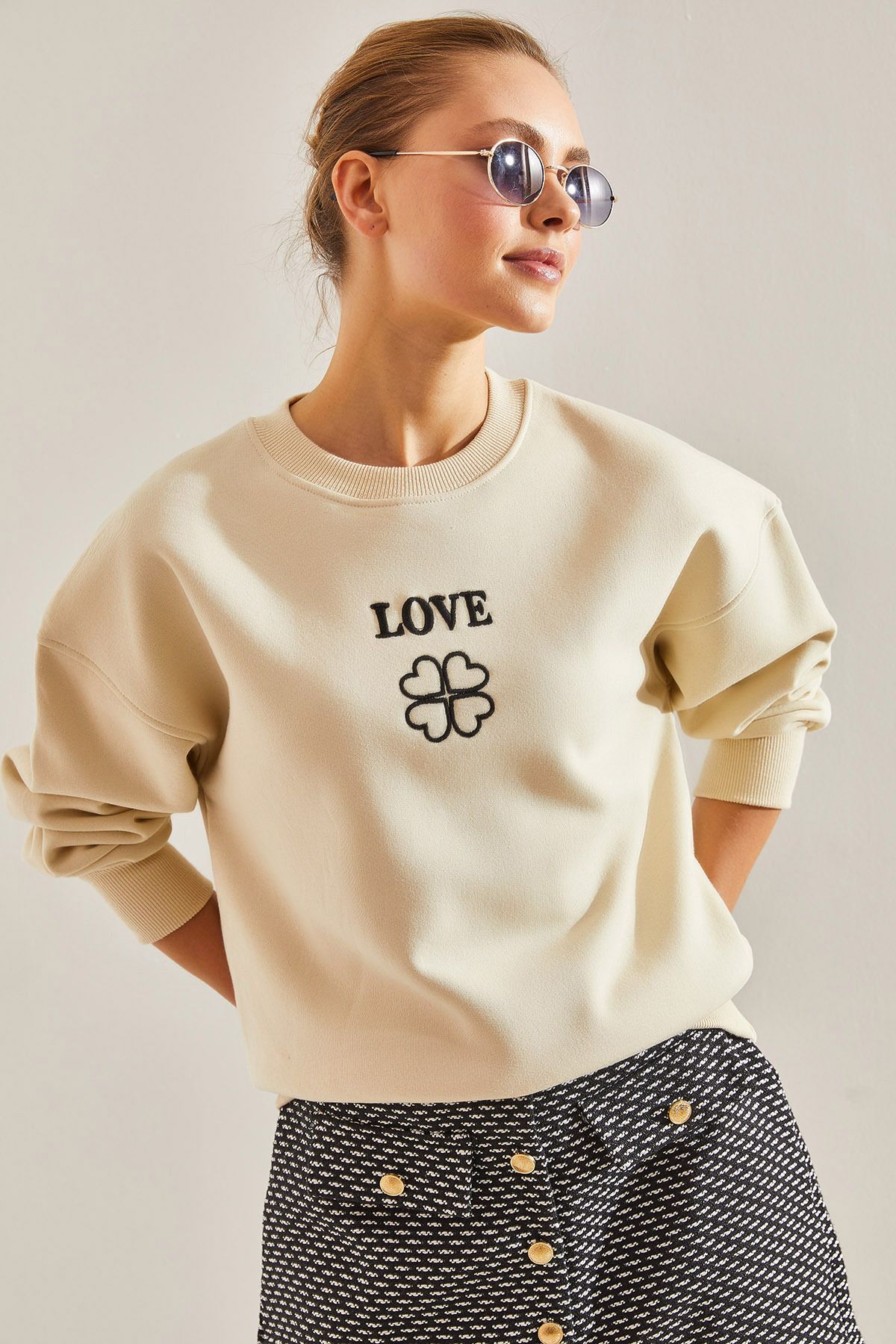 Bianco Lucci Kadın Love Baskılı üç İplik Şardonlu Sweatshirt