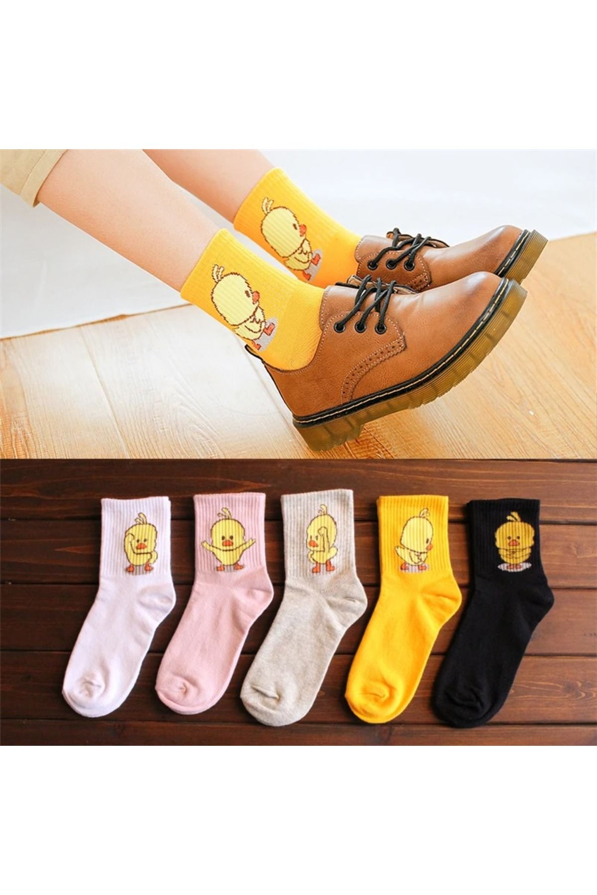 çorapmanya 5 Çift Dikişsiz Renkli Civciv Desenli Yarım Konç Kadın Kolej Çorap
