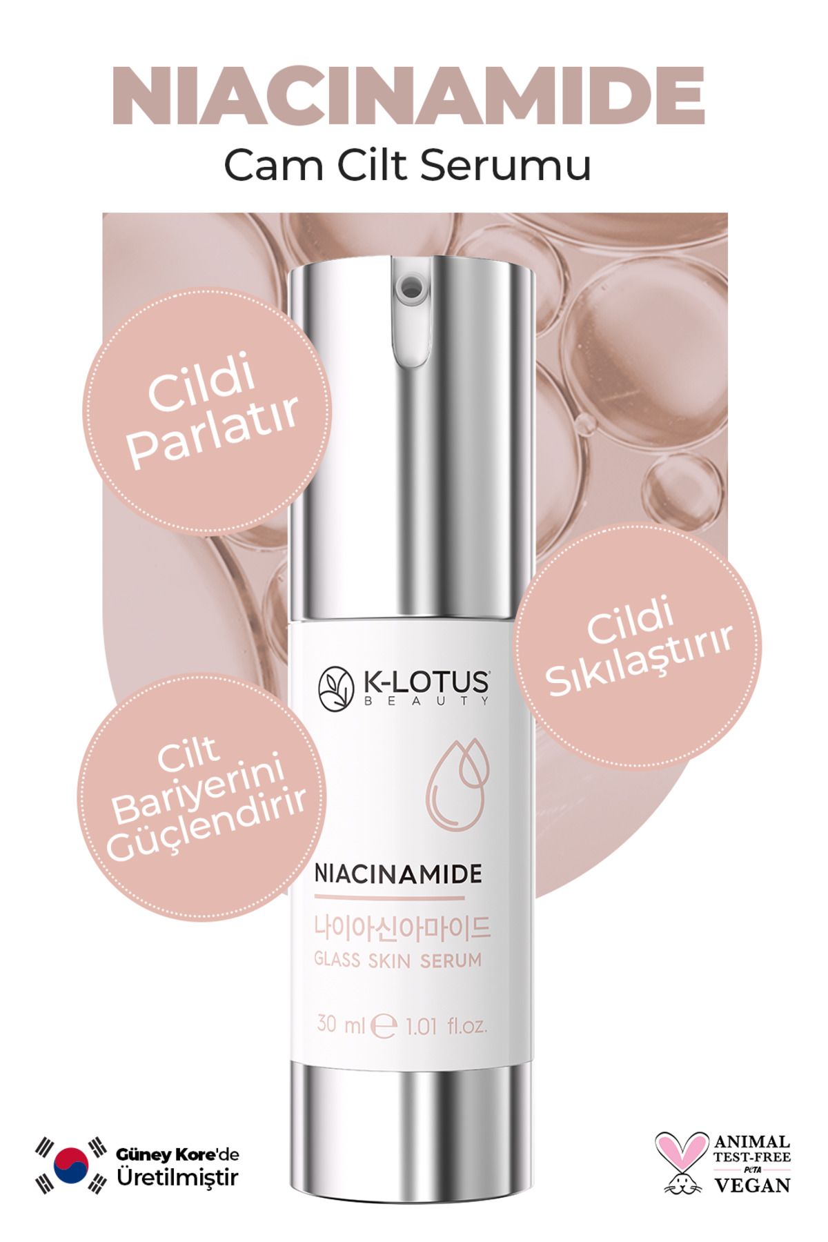 K-Lotus Beauty Cildi Parlatır, Sıkılaştırır ve Cilt Bariyerini Güçlendirici Niacinamide Cam Cilt Serumu 30ML