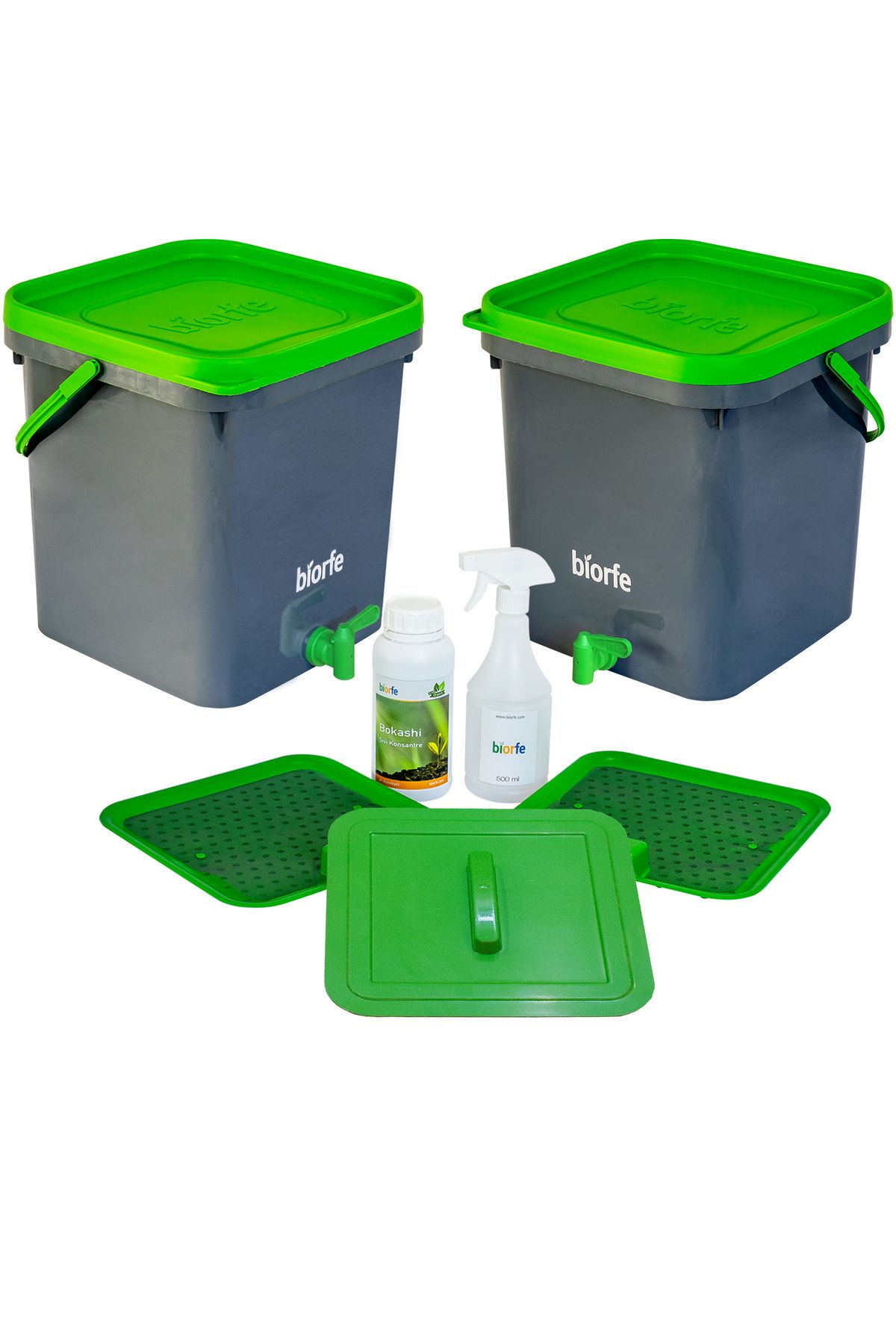 Biorfe 500 ml Bokashi Konsantre Ph Düzenleyici Sıvılı 18 L Kompost Kovası Ikili Set - Yeşil