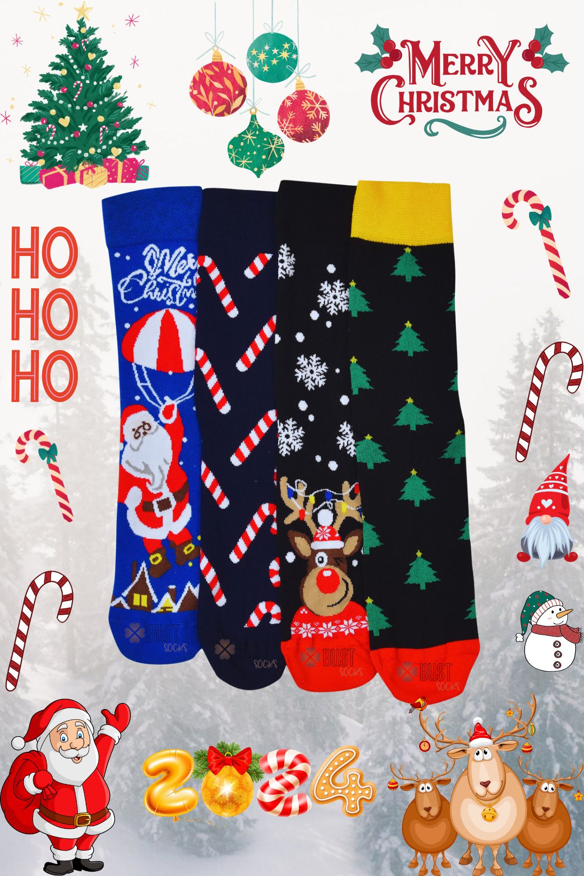 BUST SOCKS Unisex Yılbaşı Dikişsiz Noel Çorabı,desenli Ve Renkli Soket 4’lü Çorap Seti