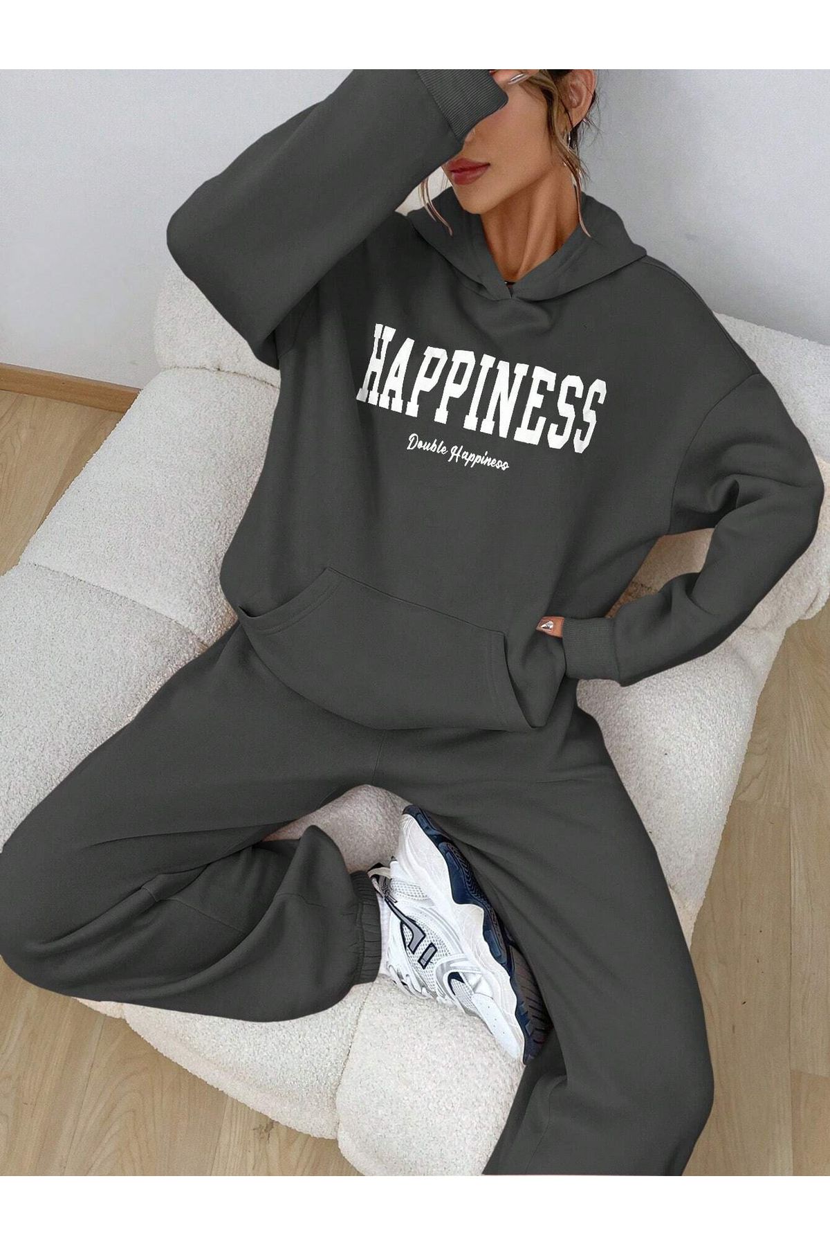 DUBU BUTİK Happiness Eşofman Takımı Sweatshirt Jogger - Unisex Füme Baskılı Oversize Şardonlu Kapüşonlu