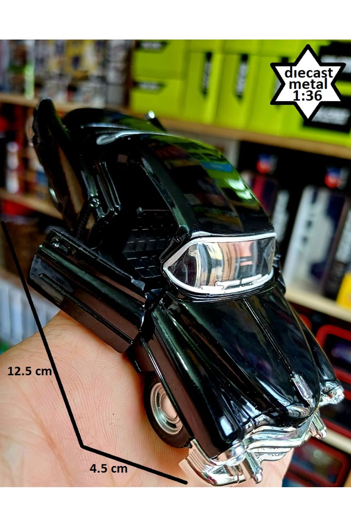 OYUNCAKSAHİLİ KLASİK MODEL METAL ARABA 1.36 ÖLÇEK DIECAST ARABA KAPILAR AÇILIR ÇEKBIRAK 12.5CM SİYAH