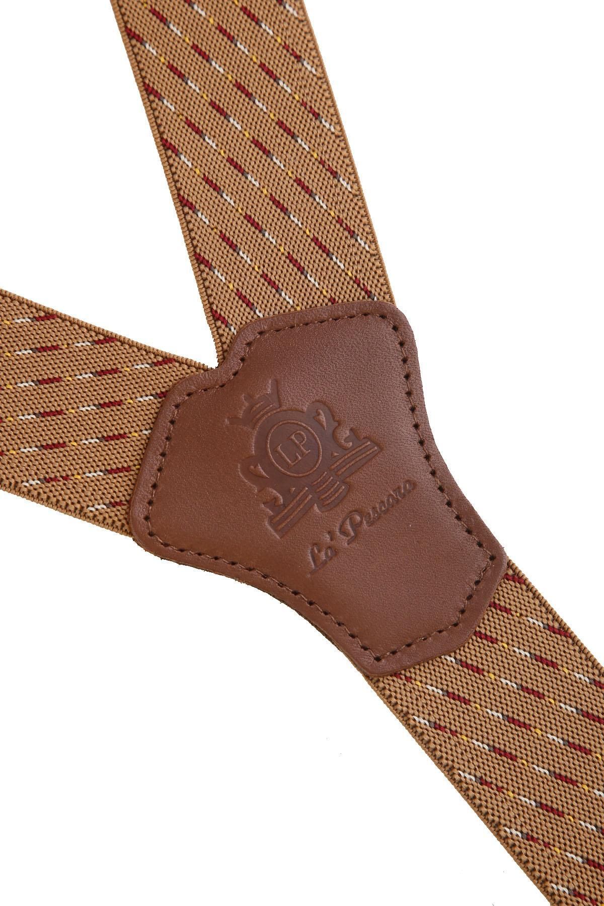 Kravatkolik Bej Deri Bağlantılı Düğme Delikli Jakarlı Pantolon Askısı PAN167