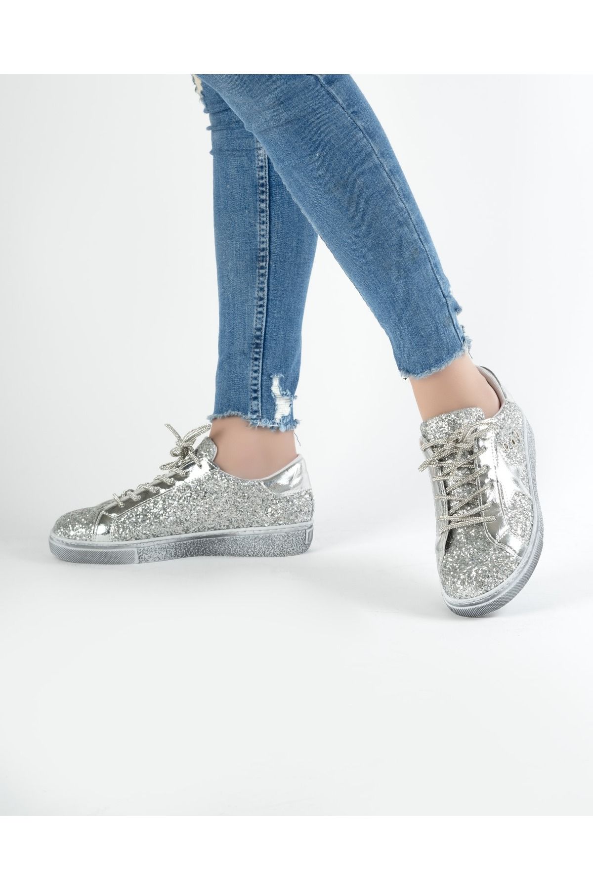 waisi shoes Star Gümüş Simli Ayakkabı | Kadın Pullu gümüş Modalı Spor Ayakkabıları | Parıltılı Yıldız Ayakkabı